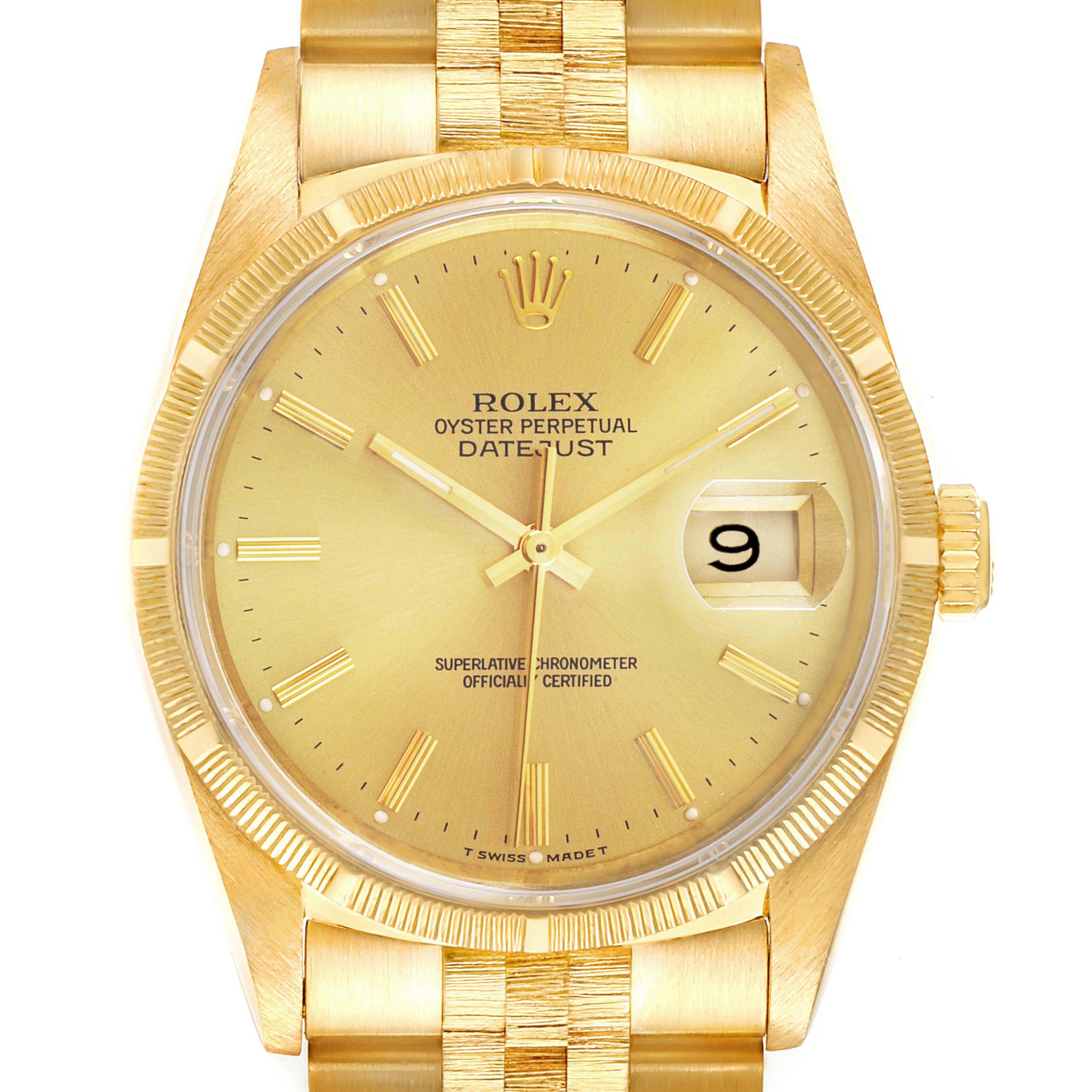 This image shows the face, bezel, and part of the bracelet of a Rolex Datejust 16248 Men's Yellow Gold Champagne Dial 16248 Men's Yellow Gold Champagne Dial watch, angled straight on.