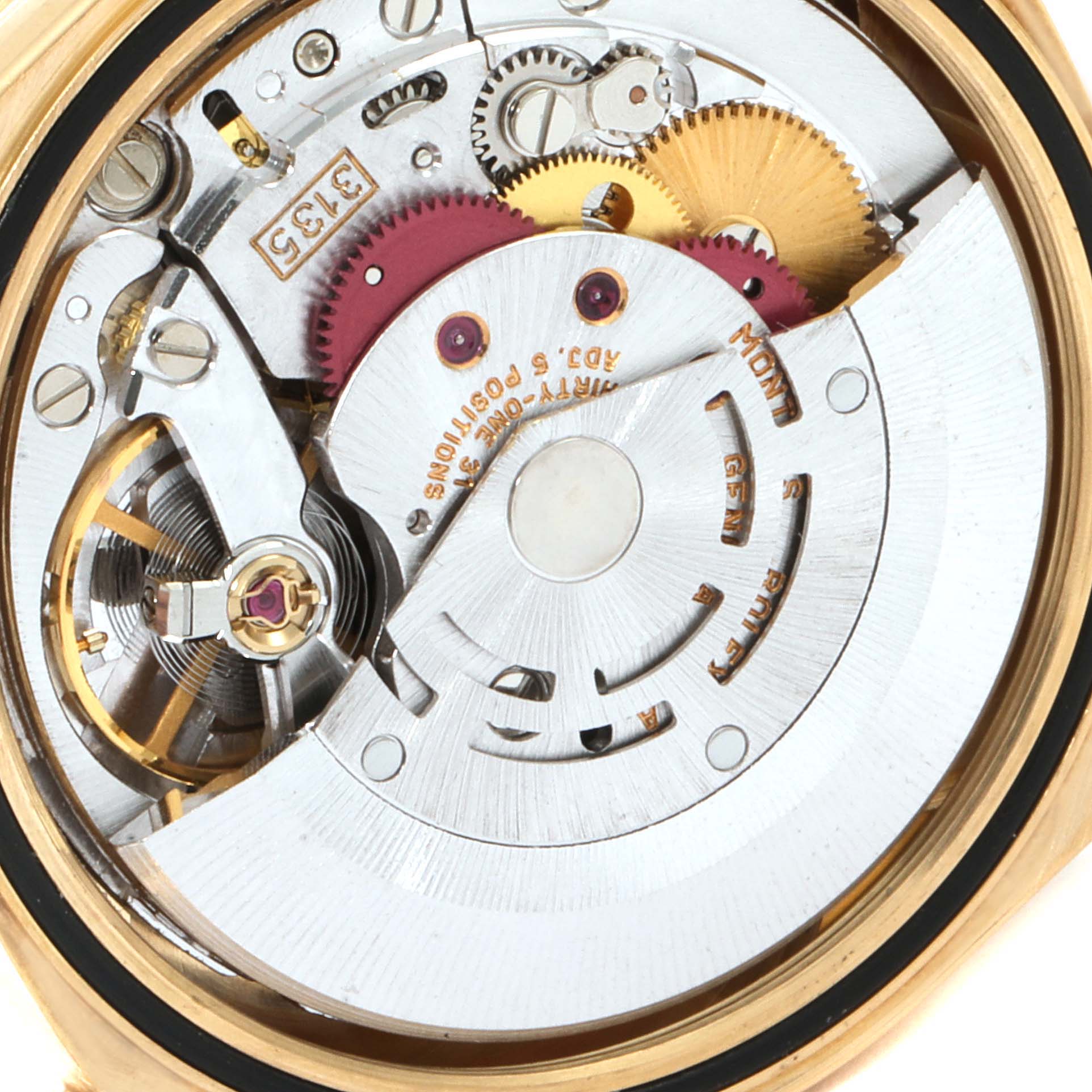 This is a close-up view of the movement mechanism of a Rolex Datejust 16248 Men's Yellow Gold Champagne Dial 16248 Men's Yellow Gold Champagne Dial watch.
