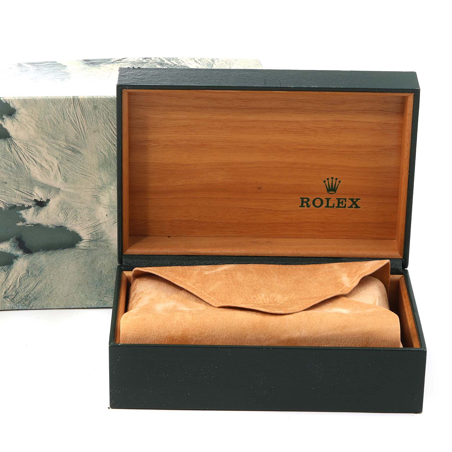 This image shows a Rolex Datejust 16248 Men's Yellow Gold Champagne Dial 16248 Men's Yellow Gold Champagne Dial watch box partially open, displaying the inner velvet pouch.