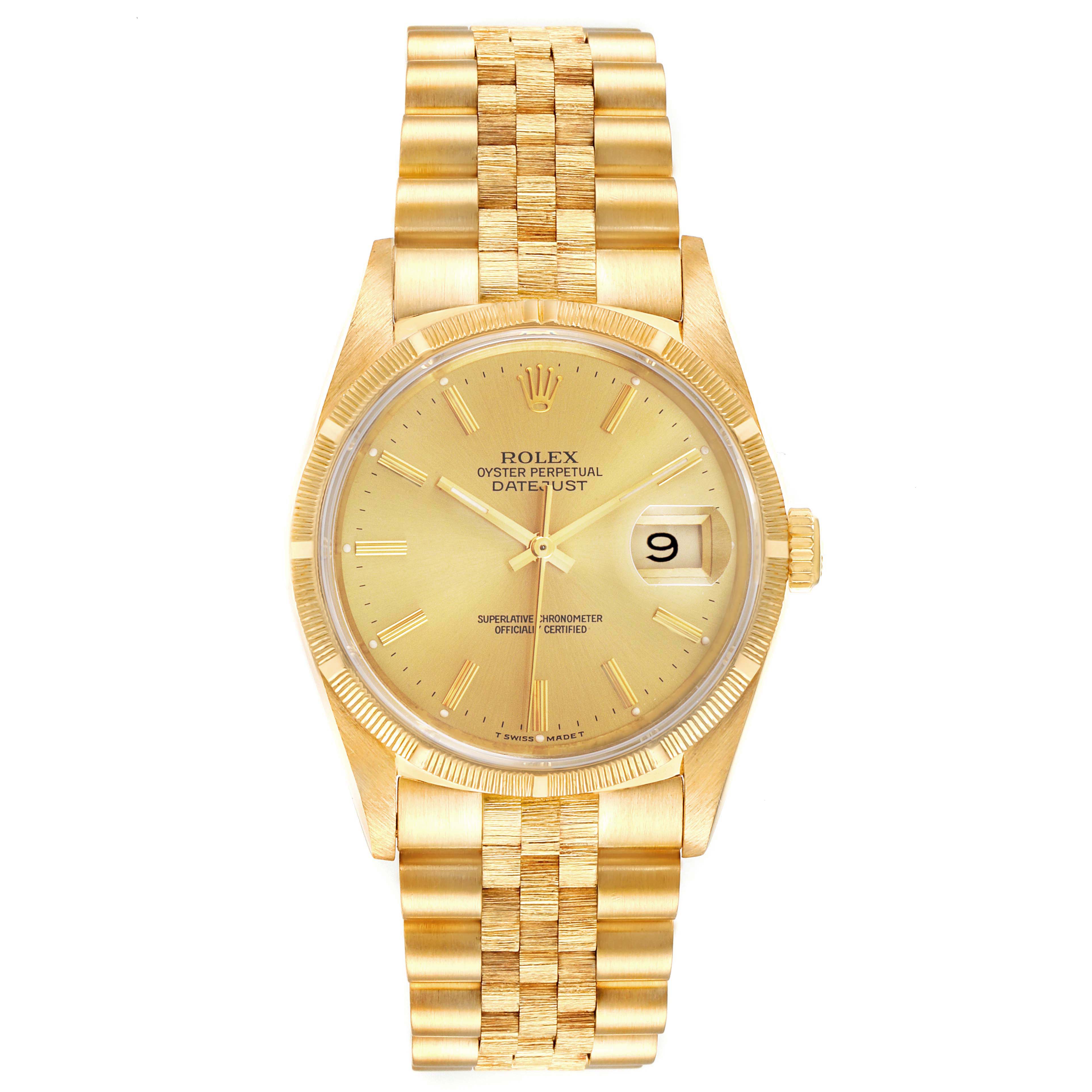 This image shows a front view of a Rolex Datejust 16248 Men's Yellow Gold Champagne Dial 16248 Men's Yellow Gold Champagne Dial watch, showcasing its gold band, dial, and date indicator.
