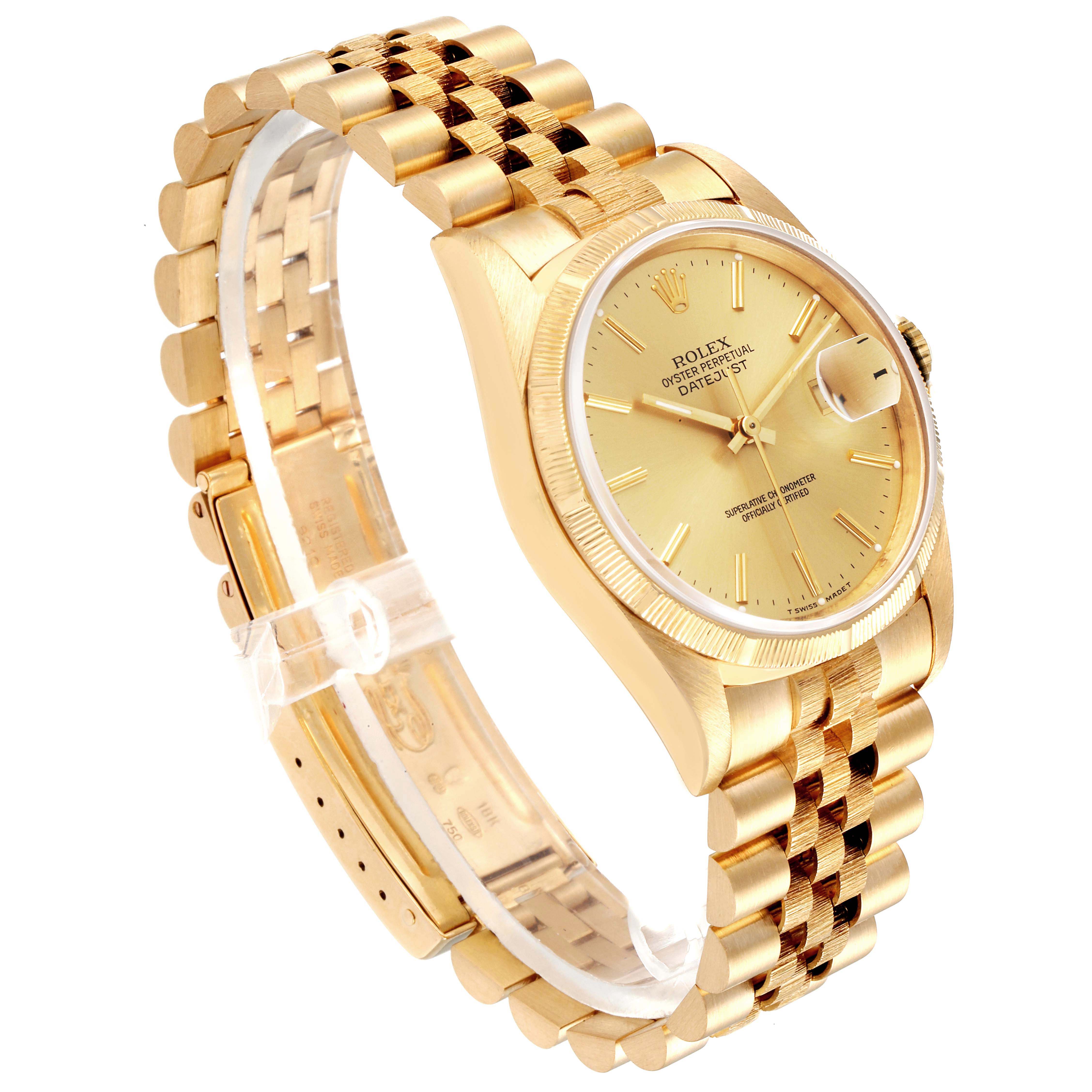 The image shows a Datejust model Rolex watch from a side angle, highlighting the dial, bracelet, and clasp.