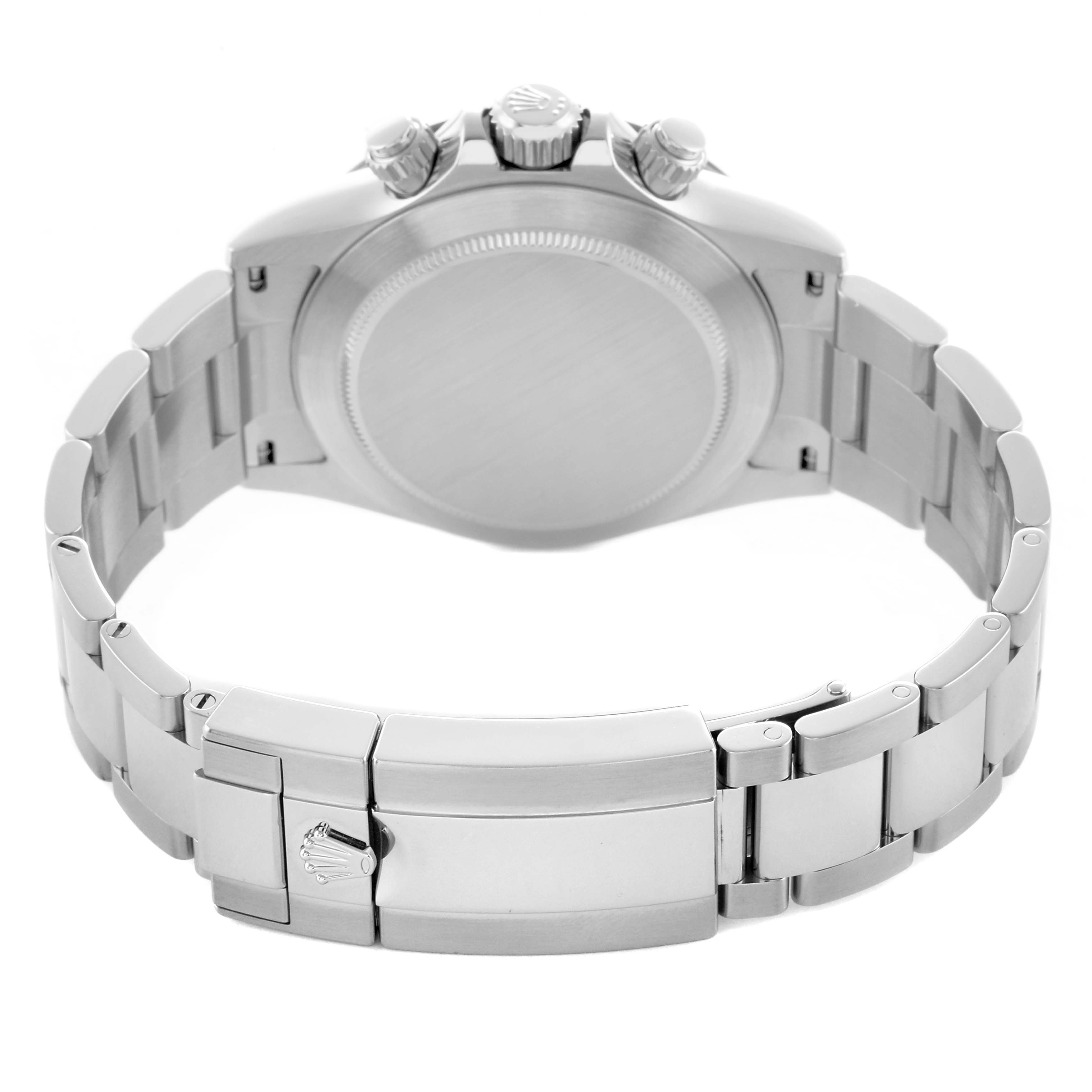 The image shows the back view of a Rolex Daytona 116500 Men's Stainless Steel Black Dial, highlighting the clasp, bracelet, and case back.