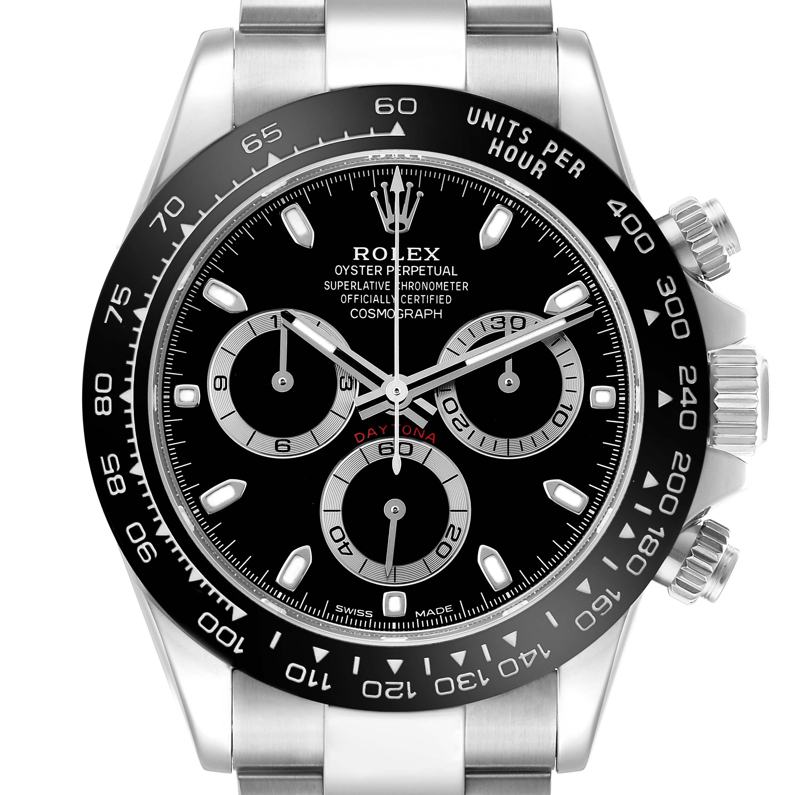 The Rolex Daytona 116500 Men's Stainless Steel Black Dial watch is shown from a front angle, highlighting the dial, bezel, and chronograph subdials.