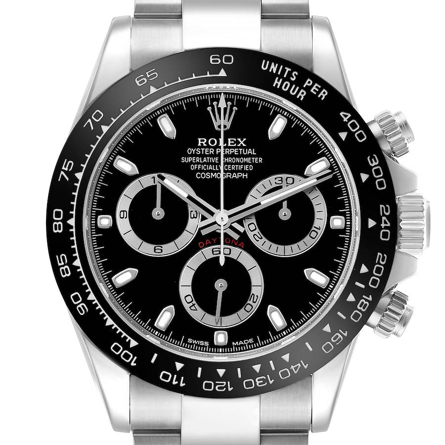 The Rolex Daytona 116500 Men's Stainless Steel Black Dial watch is shown from a front angle, highlighting the dial, bezel, and chronograph subdials.