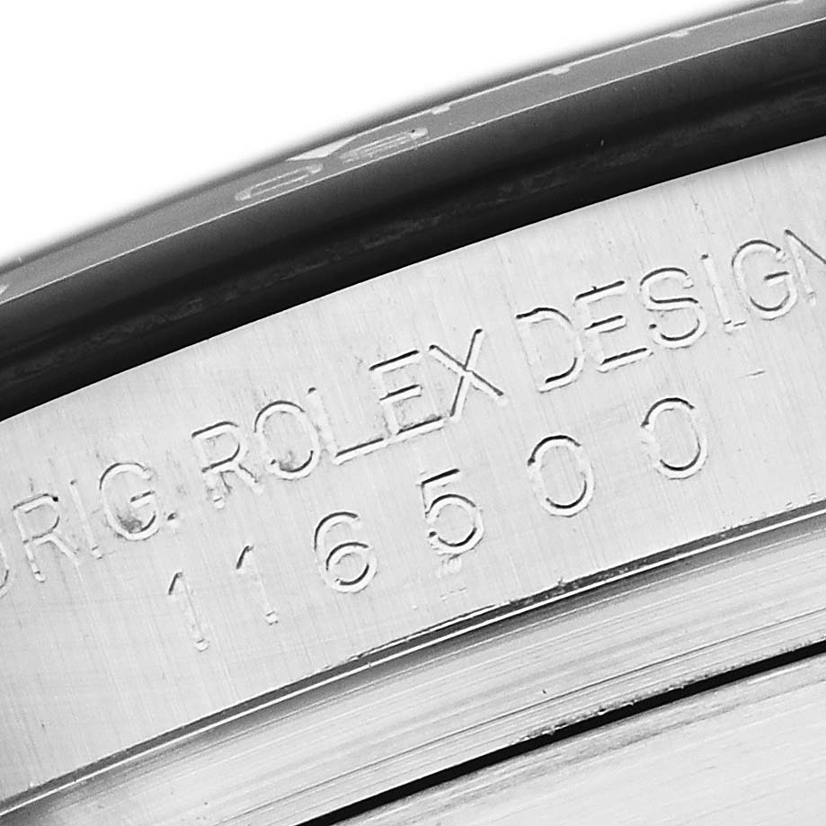 The image shows a close-up of the engraving on the side of a Rolex Daytona 116500 Men's Stainless Steel Black Dial watch case, featuring the model number.