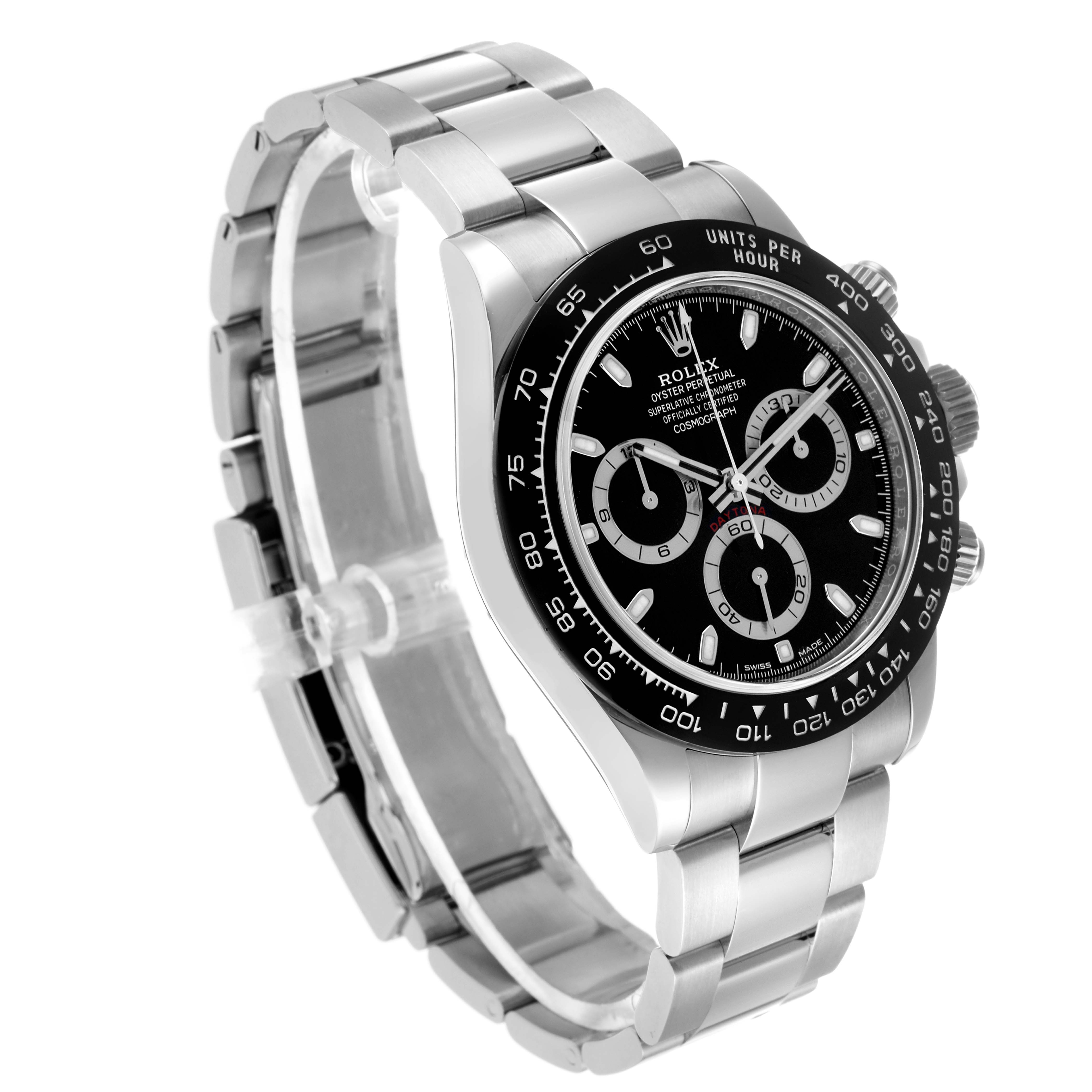 The Rolex Daytona 116500 Men's Stainless Steel Black Dial watch is shown from a front angle, highlighting the bezel, dial, and bracelet.