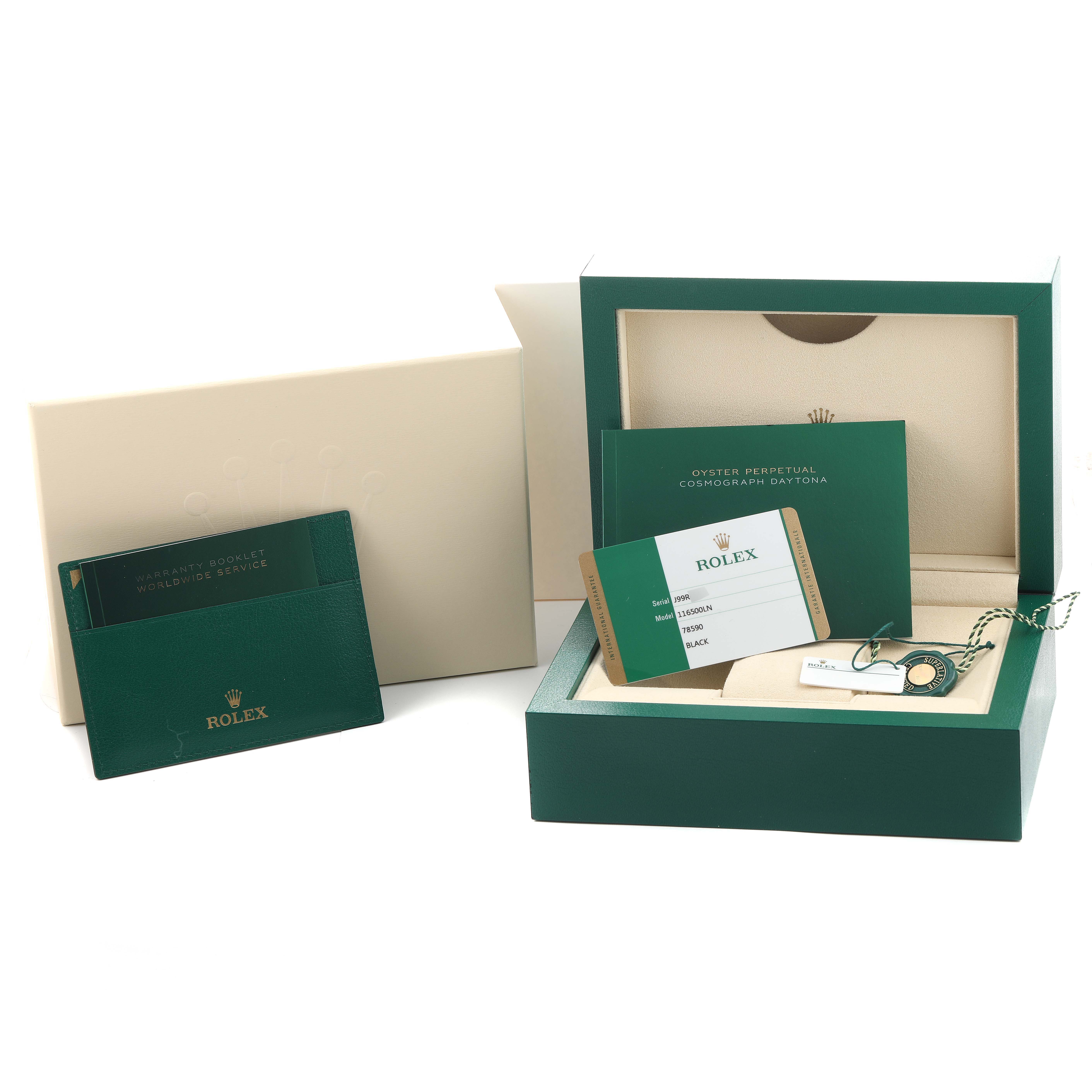 The image shows Rolex Daytona 116500 Men's Stainless Steel Black Dial packaging and accessories, including booklets, warranty card, and a presentation box.