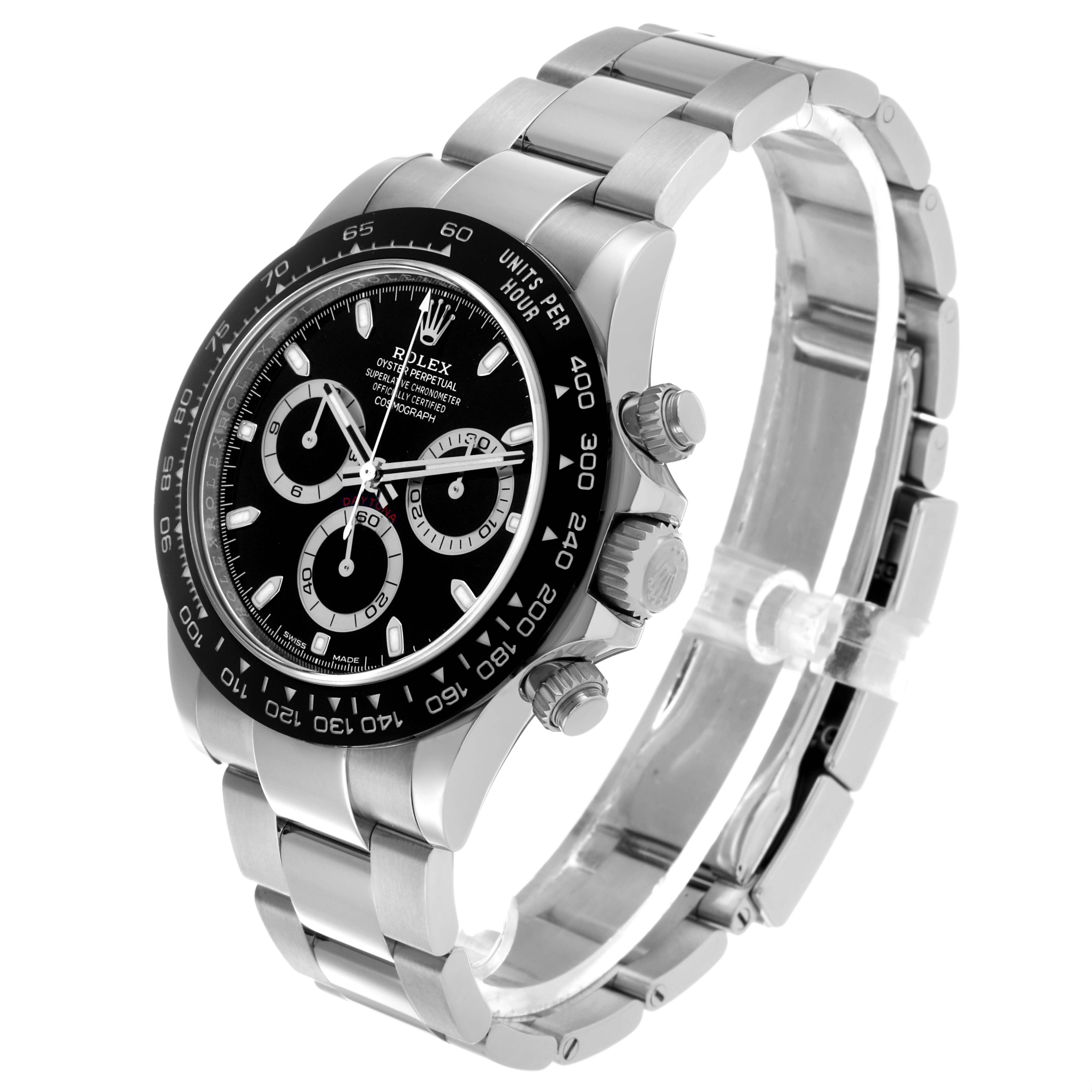 The Rolex Daytona 116500 Men's Stainless Steel Black Dial watch is shown at an angled side view, displaying the bezel, dial, crown, pushers, and bracelet.