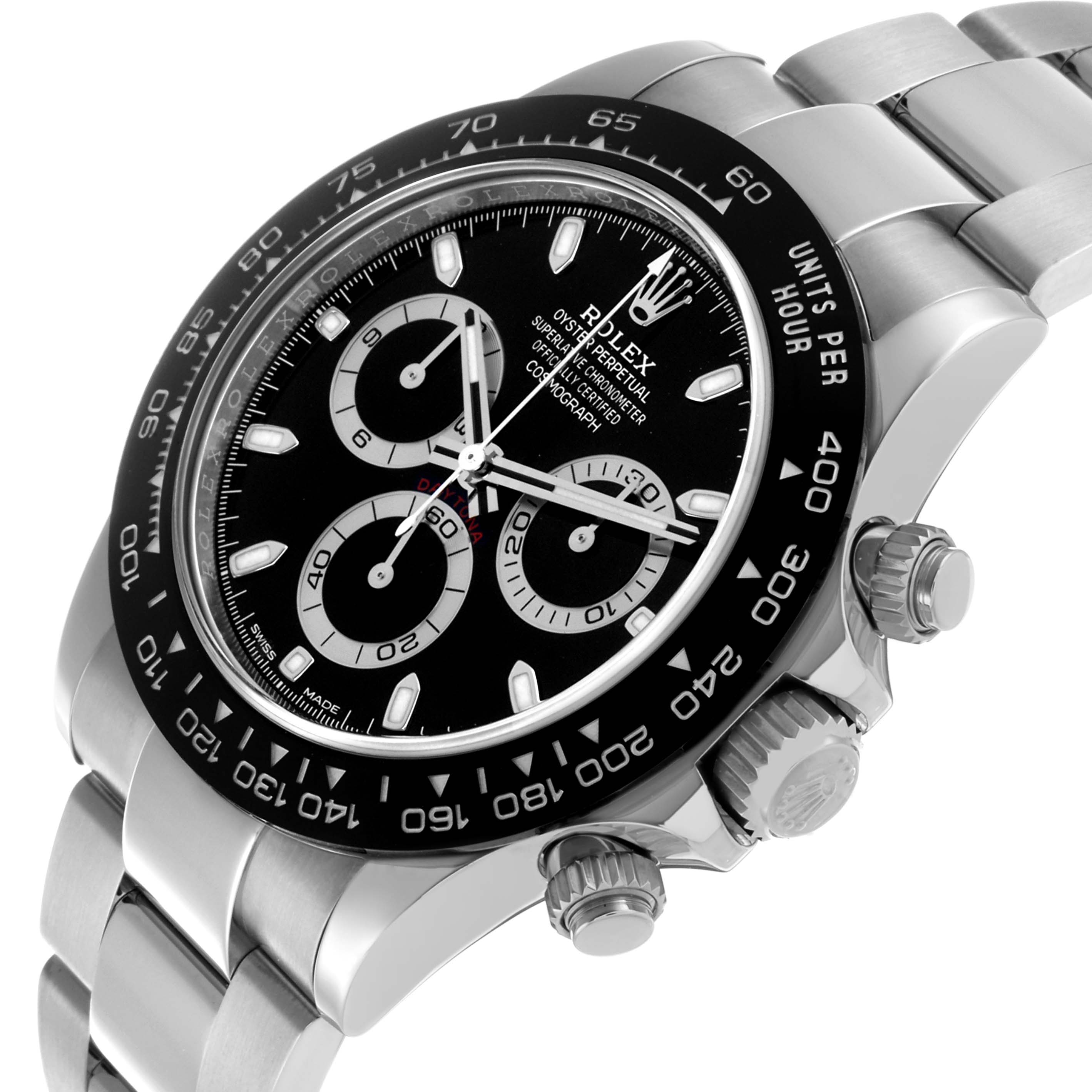 The Rolex Daytona 116500 Men's Stainless Steel Black Dial watch is shown at an angled close-up, highlighting the dial, bezel, and crown.