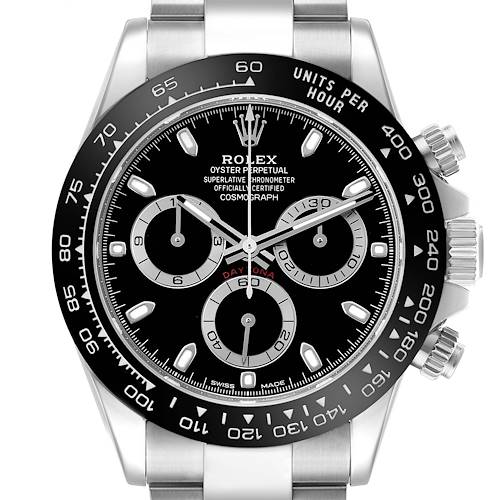 The Rolex Daytona 116500 Men's Stainless Steel Black Dial watch is shown from the front, highlighting its face, bezel, and chronograph features.