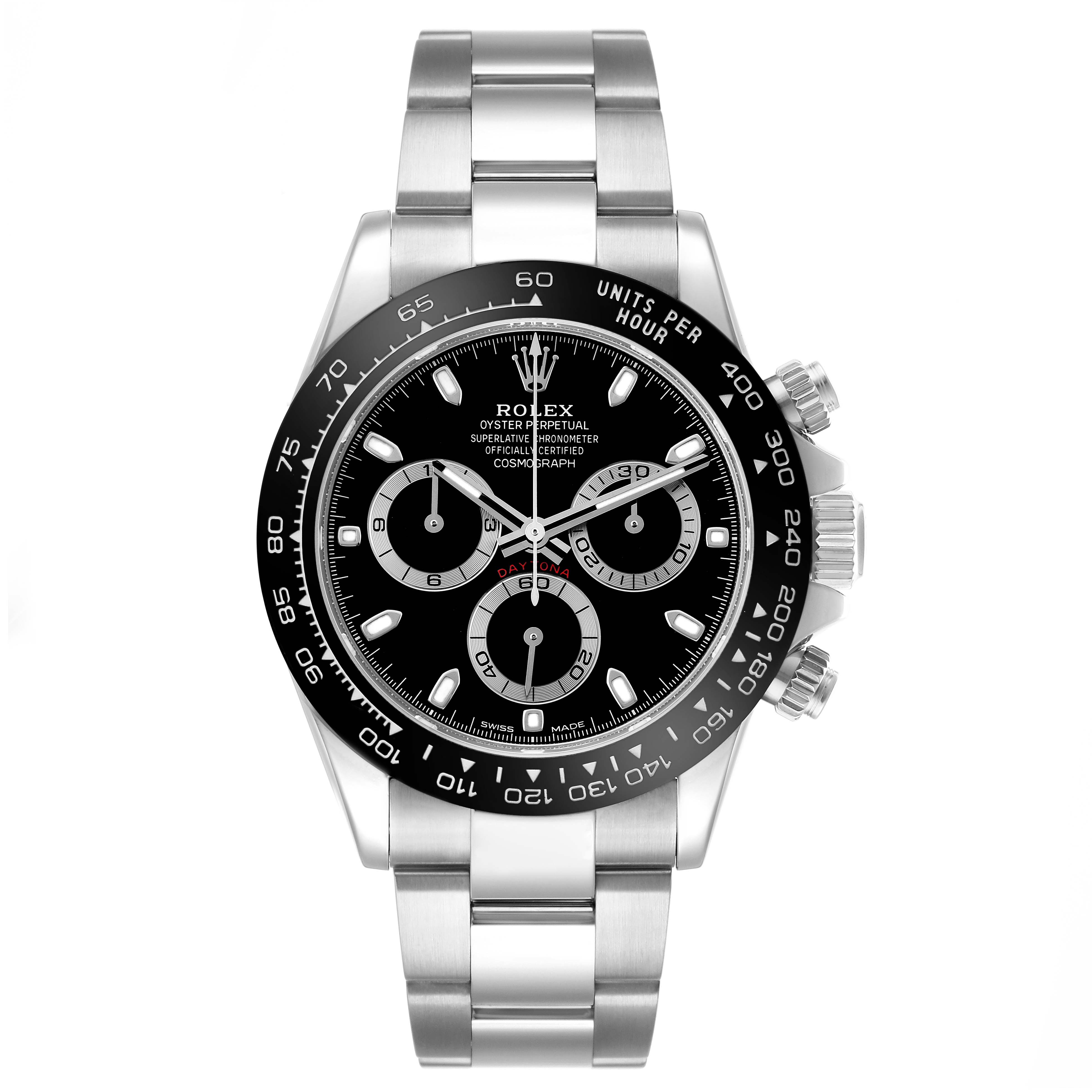 The Rolex Daytona 116500 Men's Stainless Steel Black Dial watch is shown from a front angle, featuring the bezel, dial, subdials, and stainless steel bracelet.