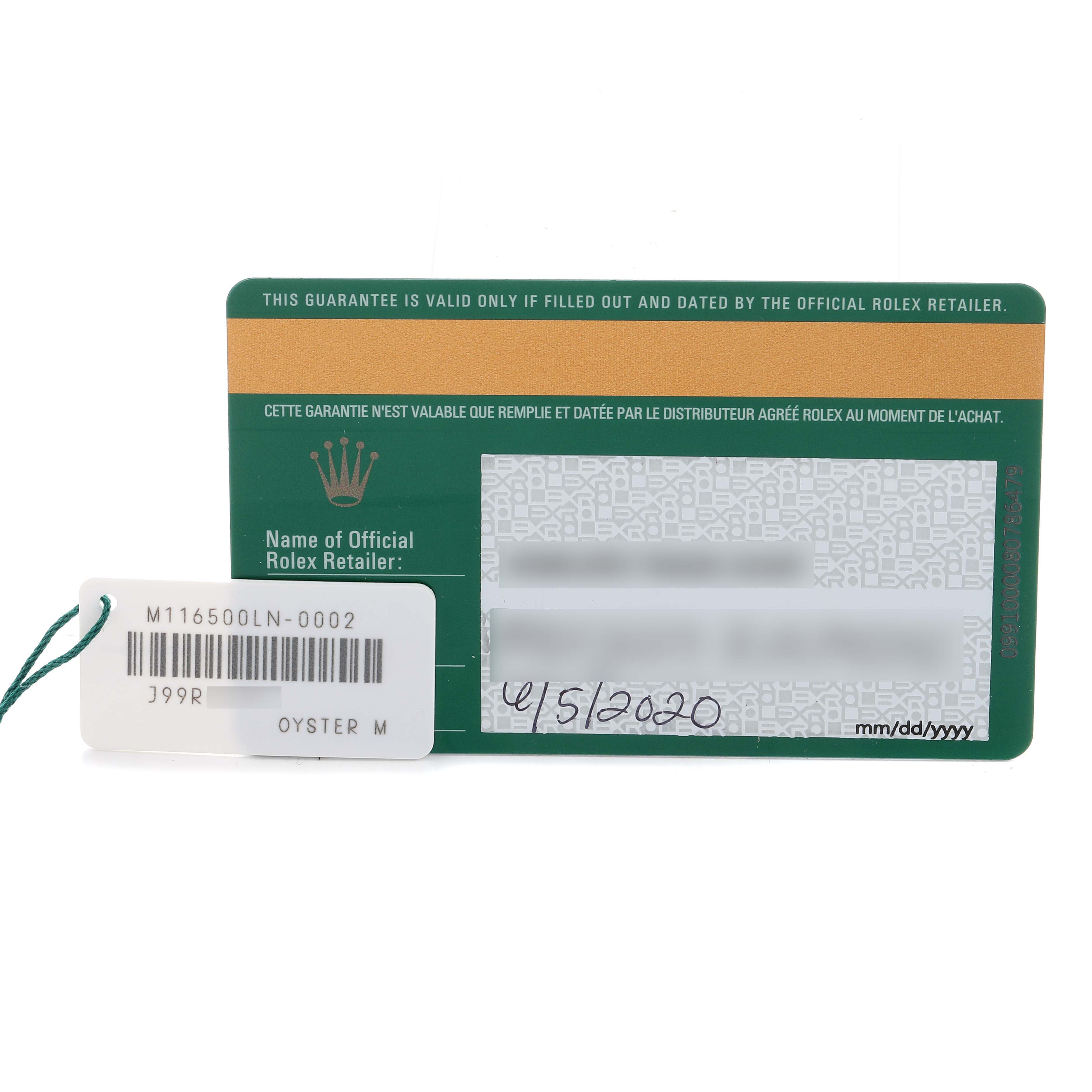 The image shows a warranty card and tag for a Rolex Daytona 116500 Men's Stainless Steel Black Dial watch, with no watch visible.