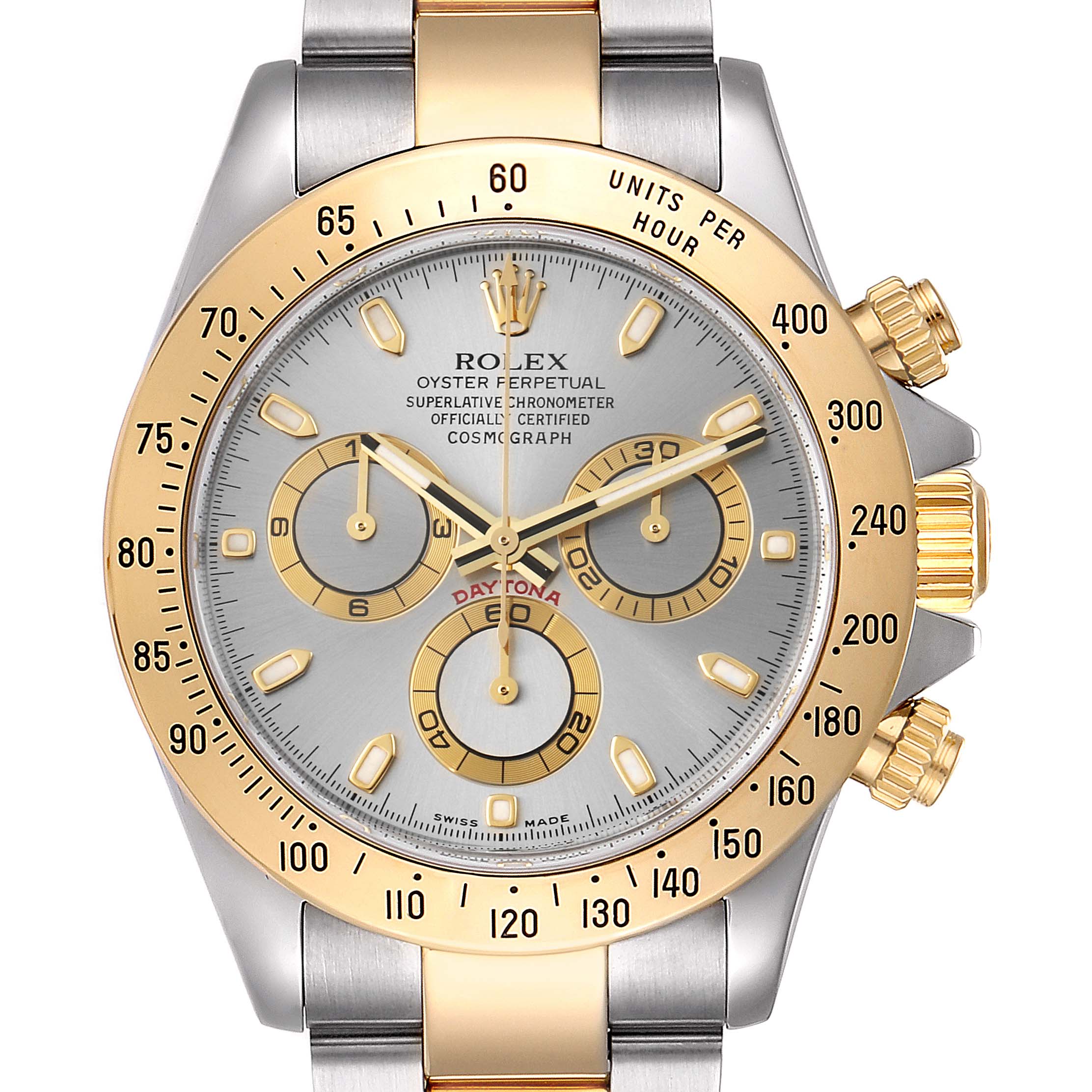 The image shows a front view of a Rolex Daytona 116523 Men's Steel and Gold (two tone) Grey Dial 116523 Men's Steel and Gold (two tone) Grey Dial watch, featuring its dial, bezel, and pushers.
