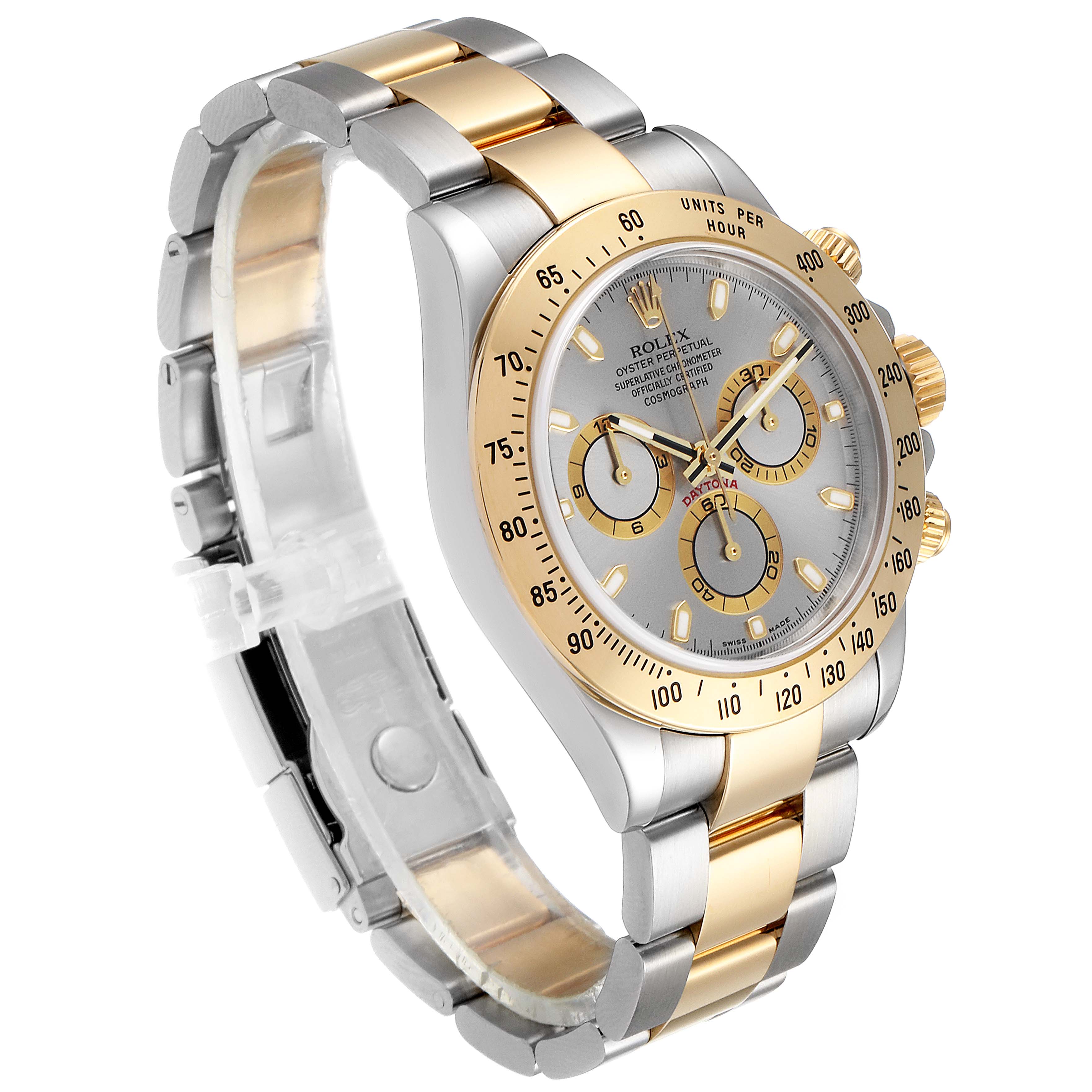 The image shows a Rolex Daytona 116523 Men's Steel and Gold (two tone) Grey Dial 116523 Men's Steel and Gold (two tone) Grey Dial watch at a slight angle, highlighting its gold and silver bracelet, dial, sub-dials, and crown.