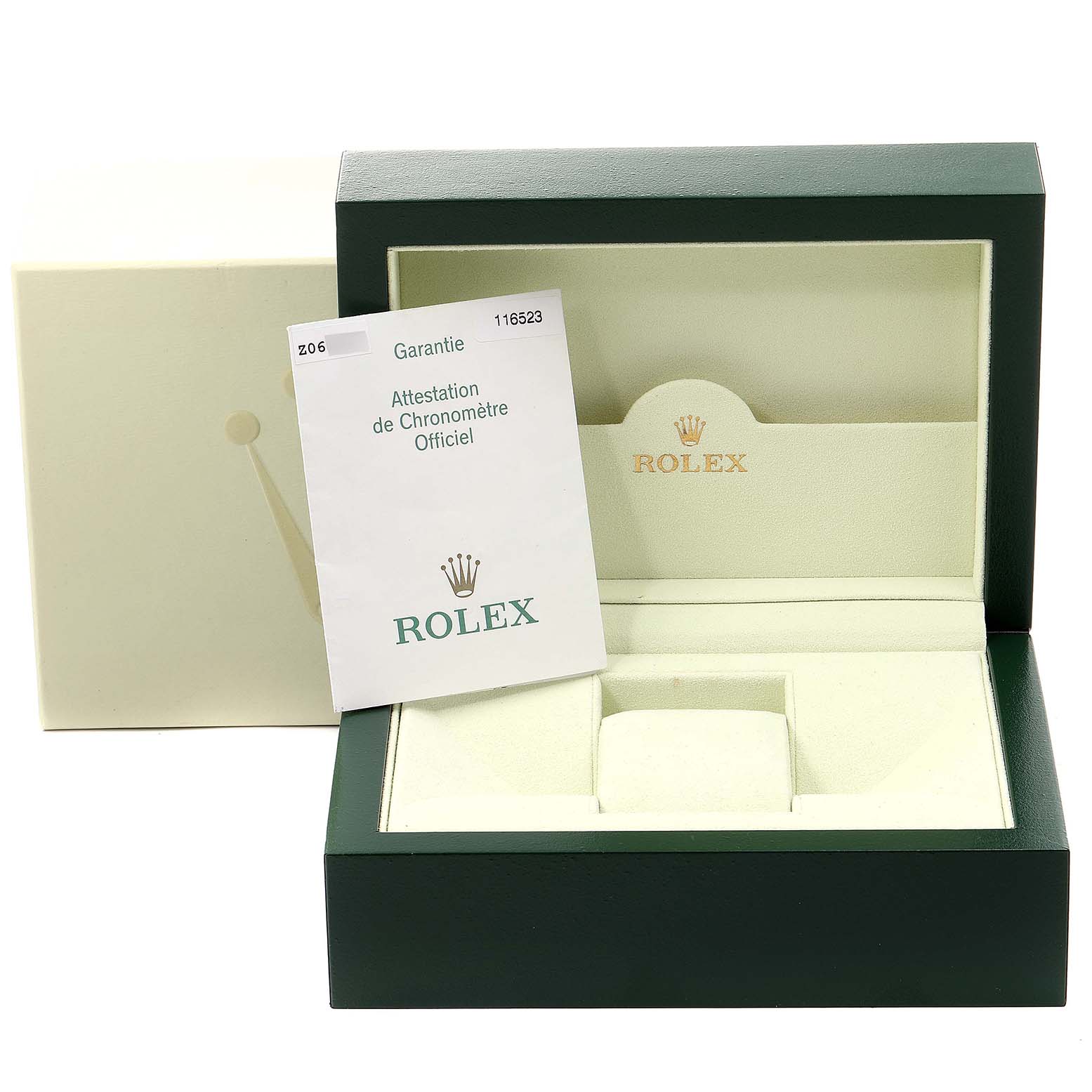 This image shows a Rolex Daytona 116523 Men's Steel and Gold (two tone) Grey Dial 116523 Men's Steel and Gold (two tone) Grey Dial watch box and an official warranty certificate at an open angle.