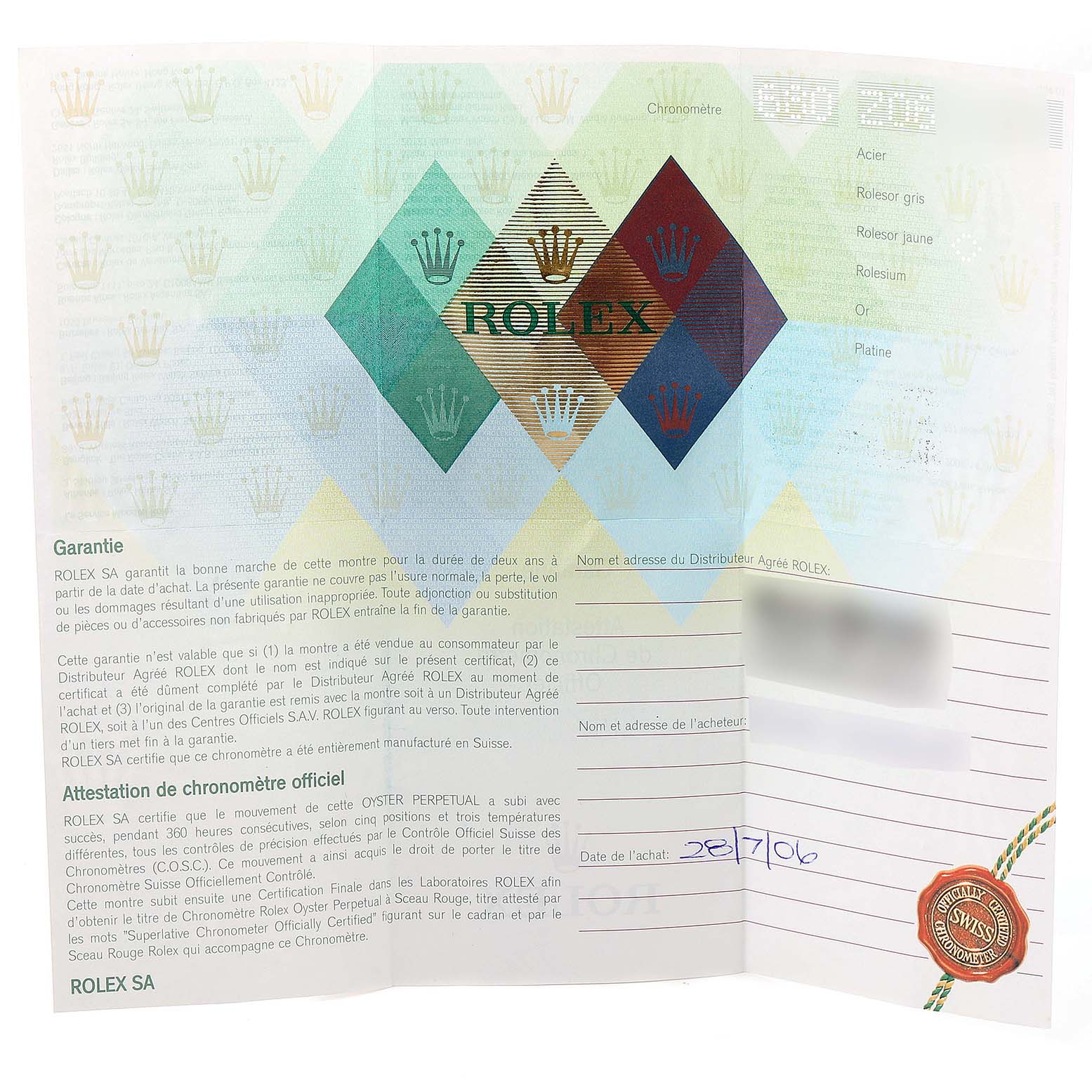 This image shows the official warranty and chronometer certification document for a Rolex Daytona 116523 Men's Steel and Gold (two tone) Grey Dial 116523 Men's Steel and Gold (two tone) Grey Dial watch.