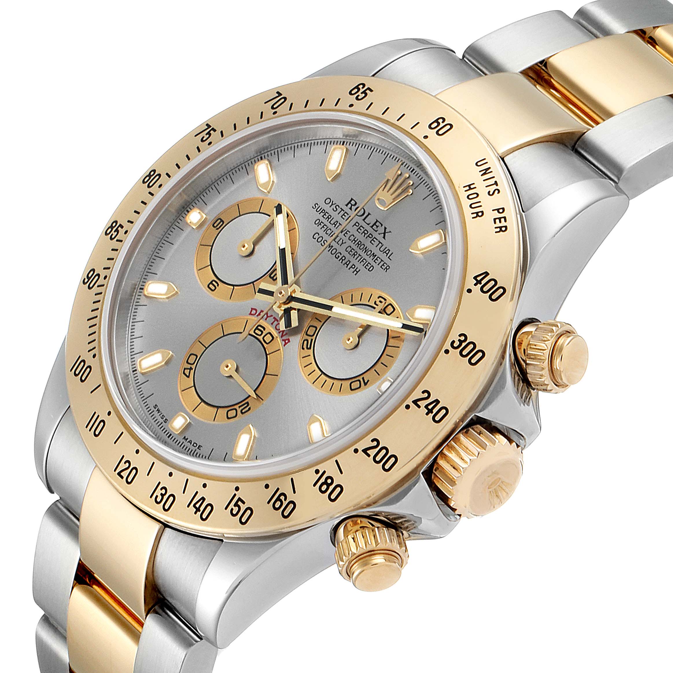 The image shows a Rolex Daytona 116523 Men's Steel and Gold (two tone) Grey Dial 116523 Men's Steel and Gold (two tone) Grey Dial watch angled to display the face, bezel, crown, pushers, and part of the bracelet.