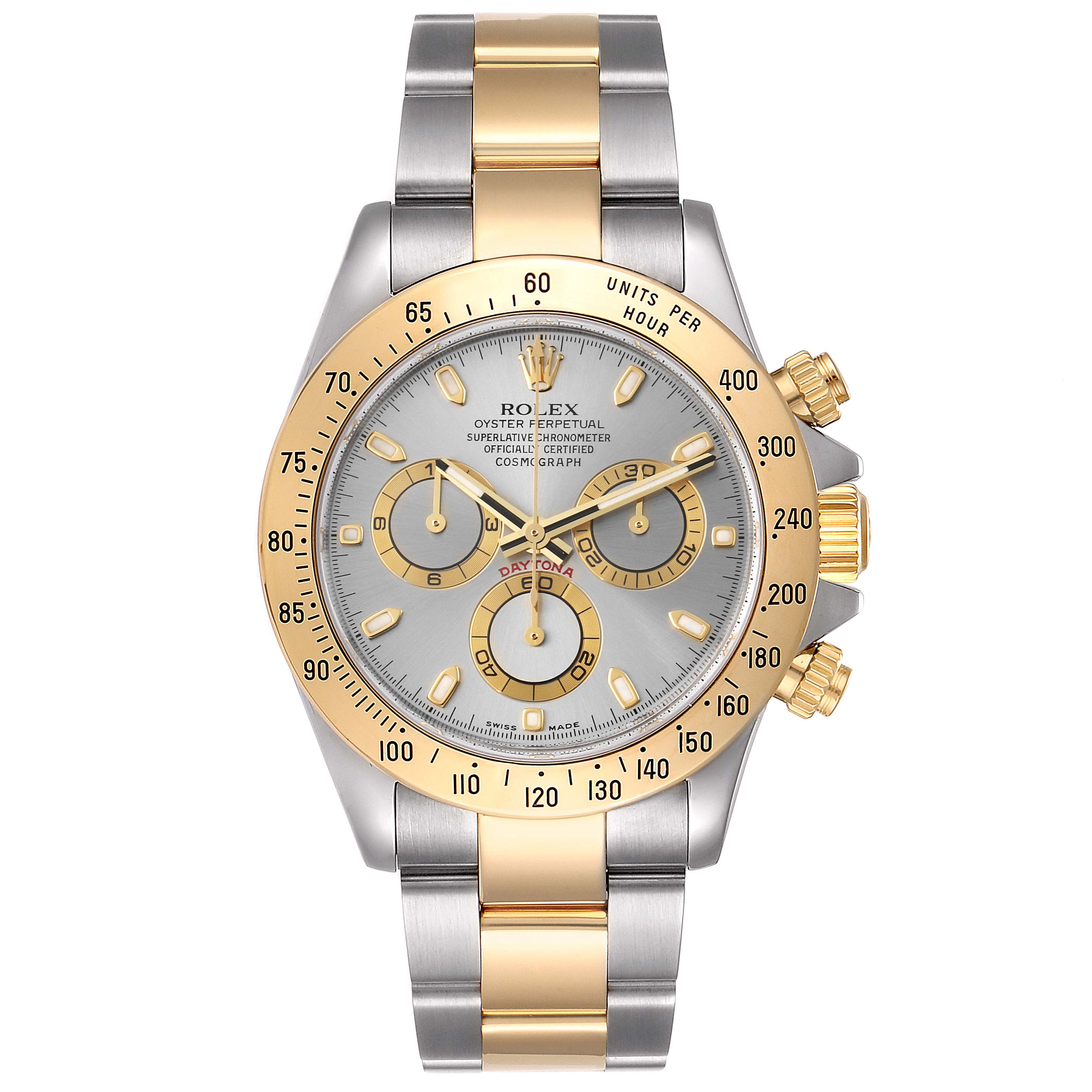The Rolex Daytona 116523 Men's Steel and Gold (two tone) Grey Dial 116523 Men's Steel and Gold (two tone) Grey Dial watch is shown from the front, displaying its face, bezel, sub-dials, crown, and bracelet.
