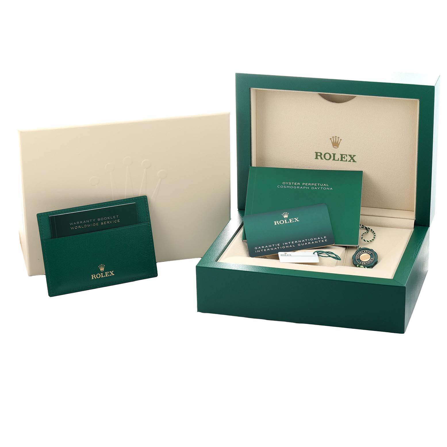 The image shows the packaging and accessories of a Rolex Daytona 116508 Men's Yellow Gold Green Dial, including the box, warranty booklet, and certificates.