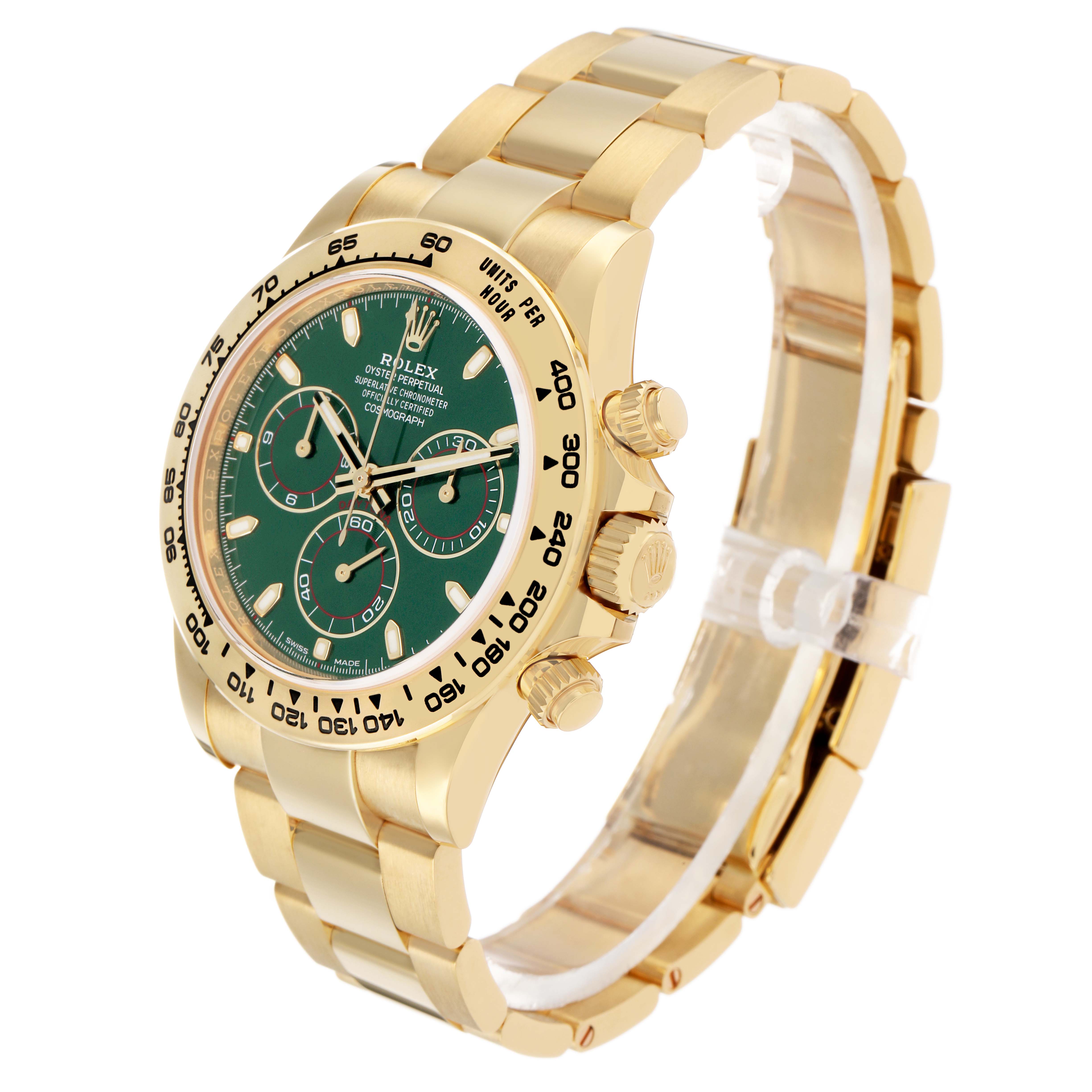 The Rolex Daytona 116508 Men's Yellow Gold Green Dial watch is shown at a three-quarter angle displaying the face, bezel, crown, pushers, and part of the bracelet.