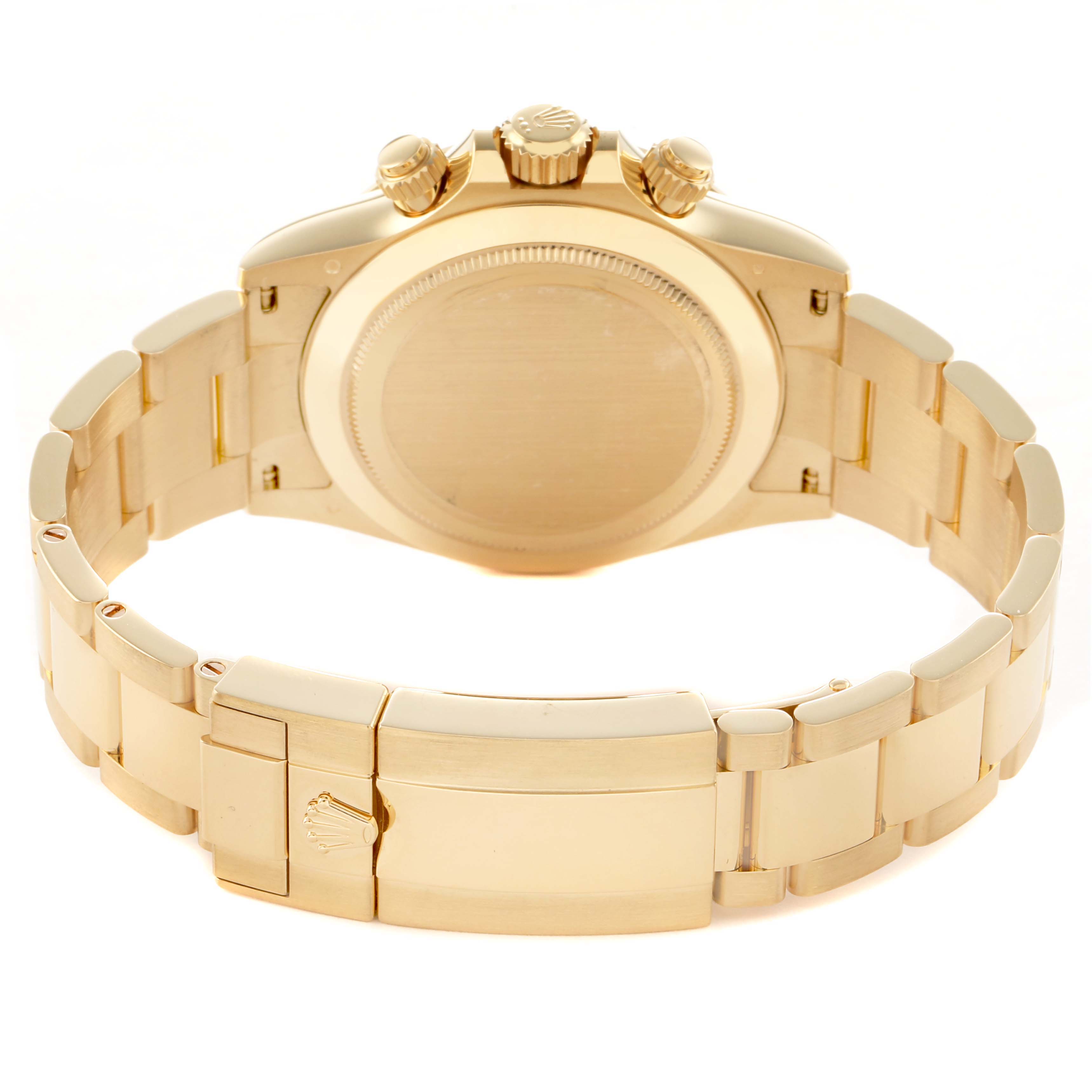 The image shows a Rolex Daytona 116508 Men's Yellow Gold Green Dial watch from the back, highlighting the clasp and case back with the crown and push-buttons at the top.