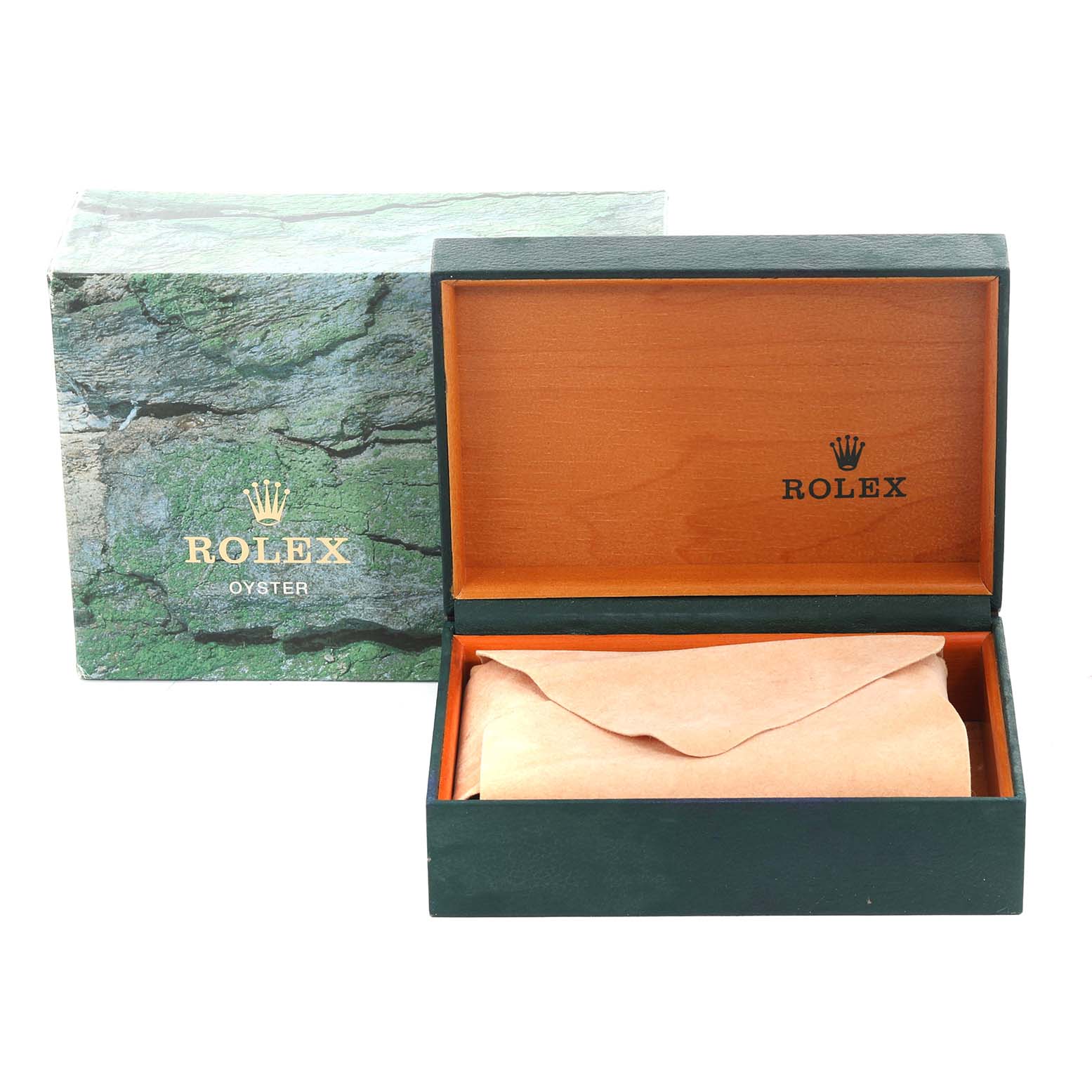 The image shows a Rolex Explorer 114270 Men's Stainless Steel Black Dial 114270 Men's Stainless Steel Black Dial watch box and outer box, viewed open from the front.