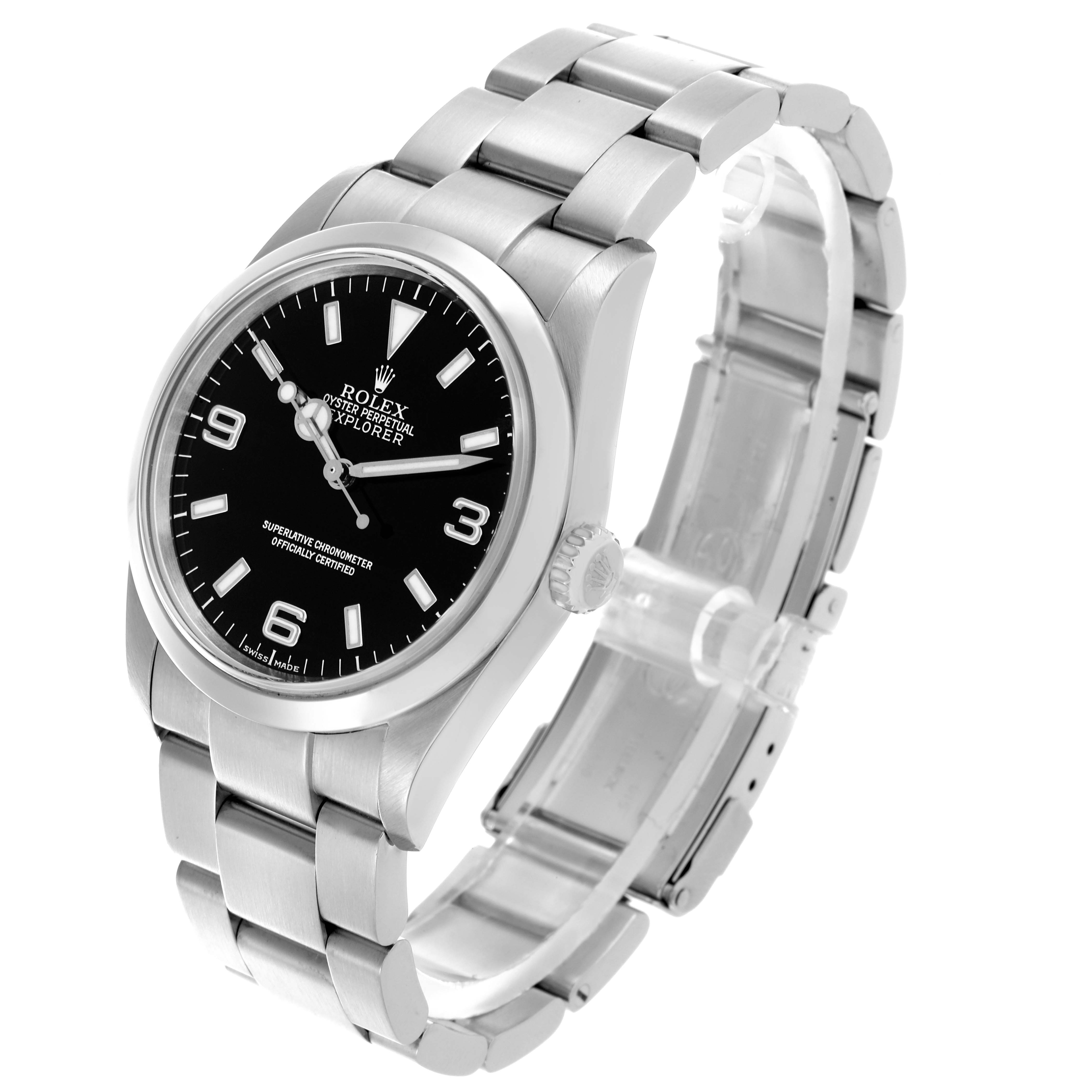 The Rolex Explorer 114270 Men's Stainless Steel Black Dial 114270 Men's Stainless Steel Black Dial watch is shown at a slight angle displaying the face, bezel, crown, and part of the bracelet.