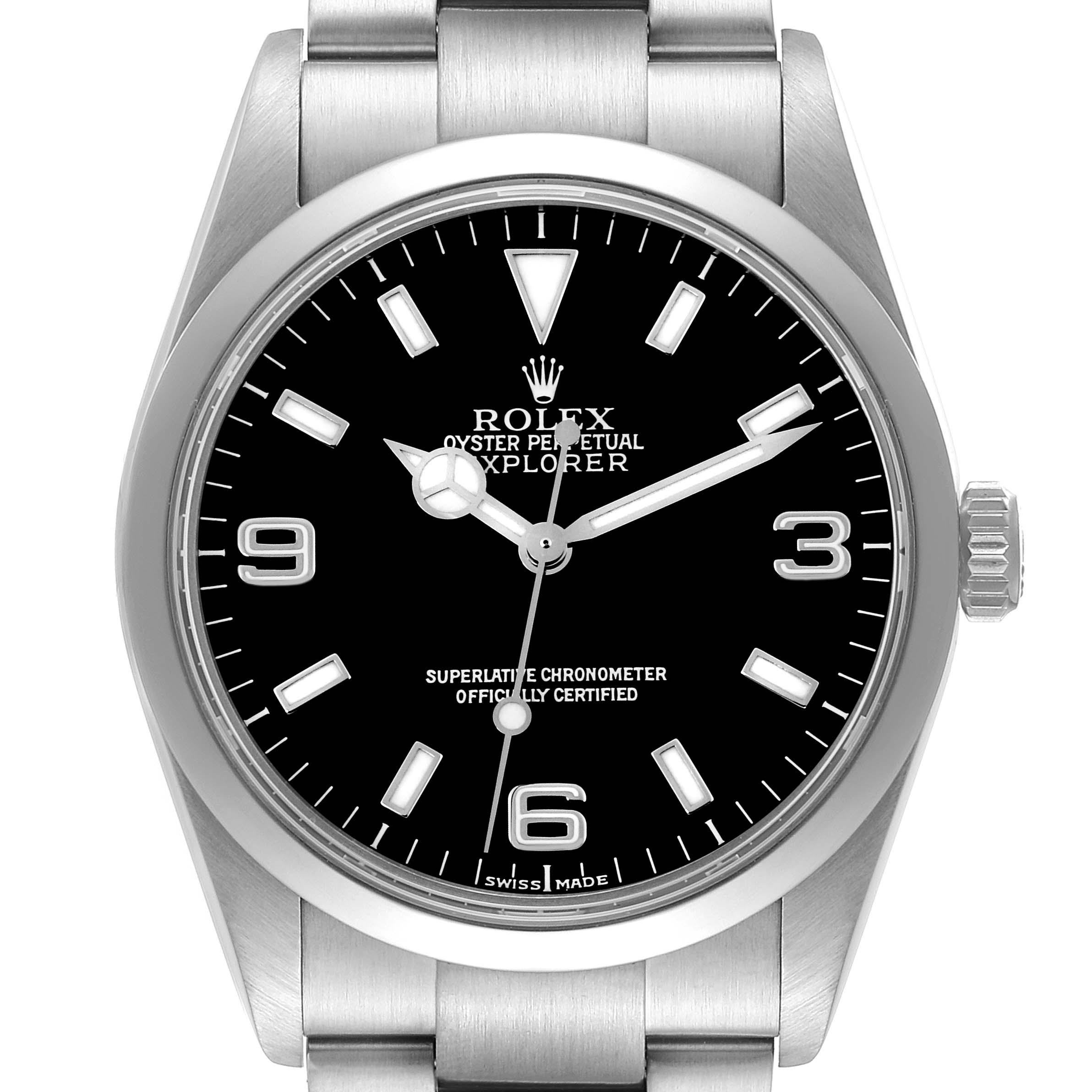 The Rolex Explorer 114270 Men's Stainless Steel Black Dial 114270 Men's Stainless Steel Black Dial is shown from the front, displaying the dial, hands, bezel, and part of the bracelet.