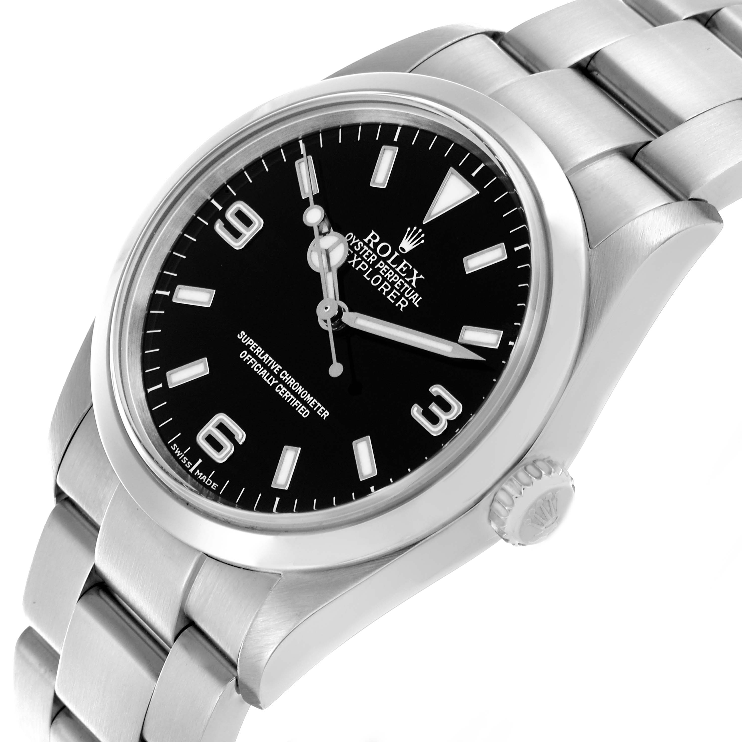 The Rolex Explorer 114270 Men's Stainless Steel Black Dial 114270 Men's Stainless Steel Black Dial watch is shown from a three-quarter angle, highlighting the dial, case, crown, and part of the bracelet.