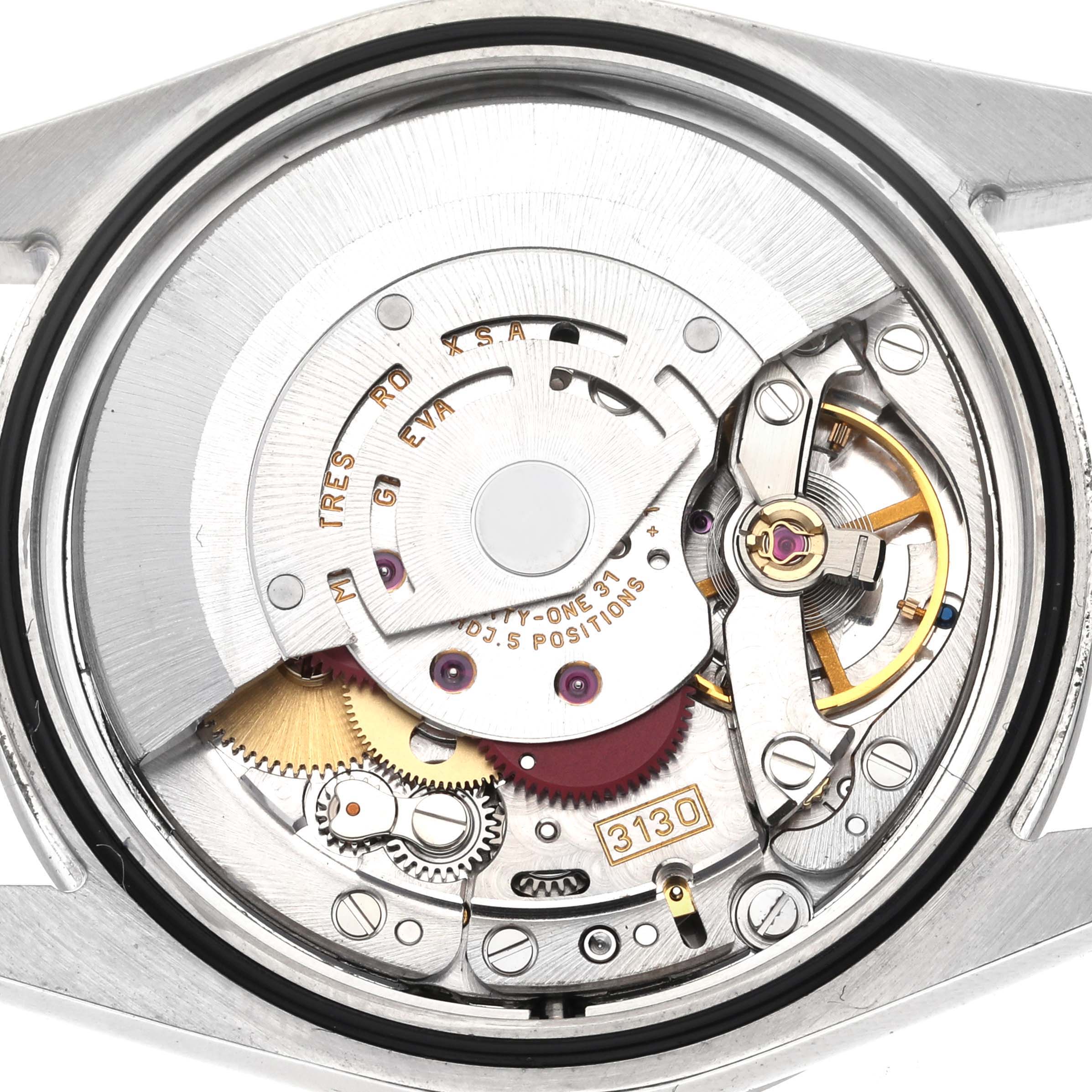 The image shows the inner mechanism of the Rolex Explorer 114270 Men's Stainless Steel Black Dial 114270 Men's Stainless Steel Black Dial watch, showcasing the movement and gears from the back.
