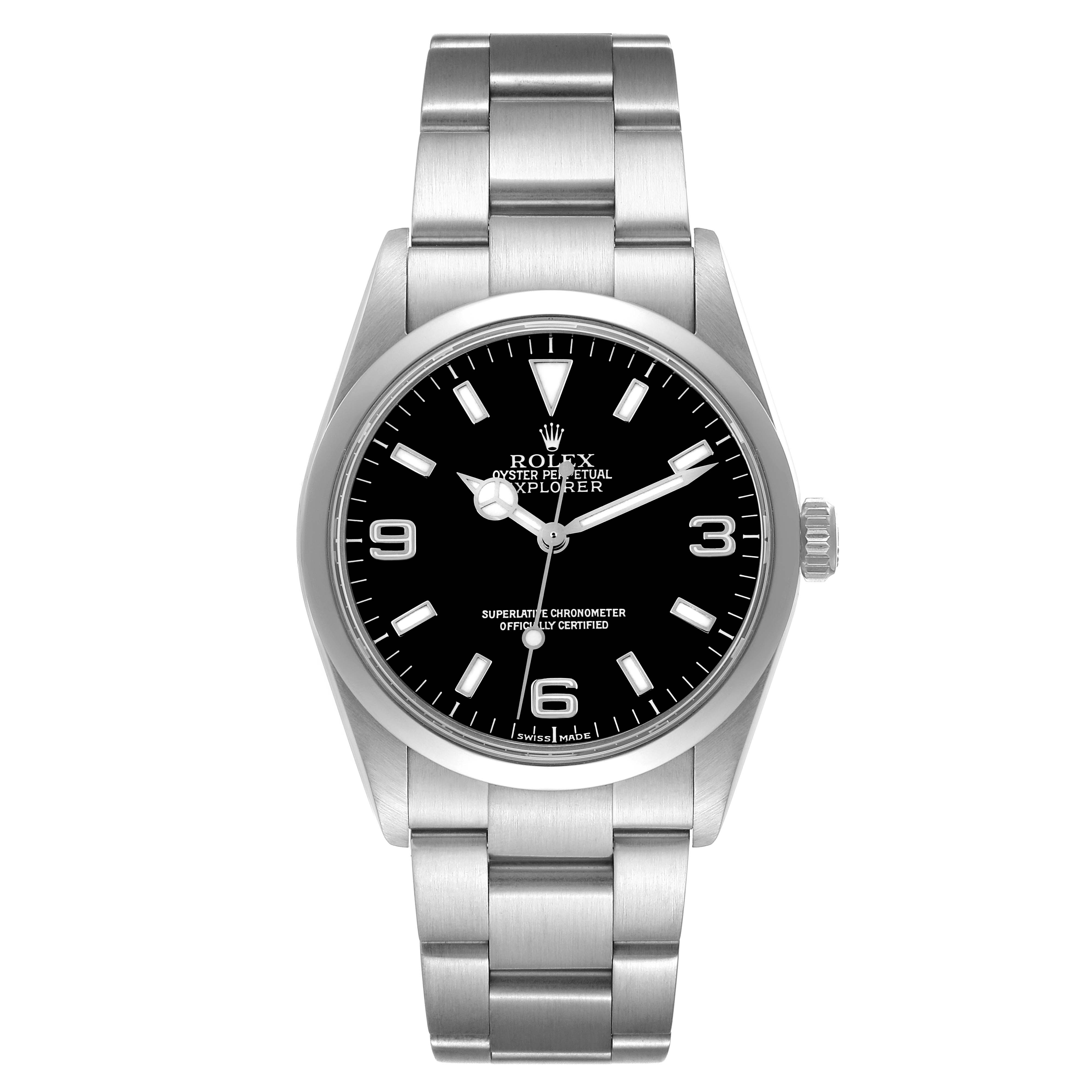 The Rolex Explorer 114270 Men's Stainless Steel Black Dial 114270 Men's Stainless Steel Black Dial watch is shown from a front angle, displaying the dial, bezel, case, and bracelet.