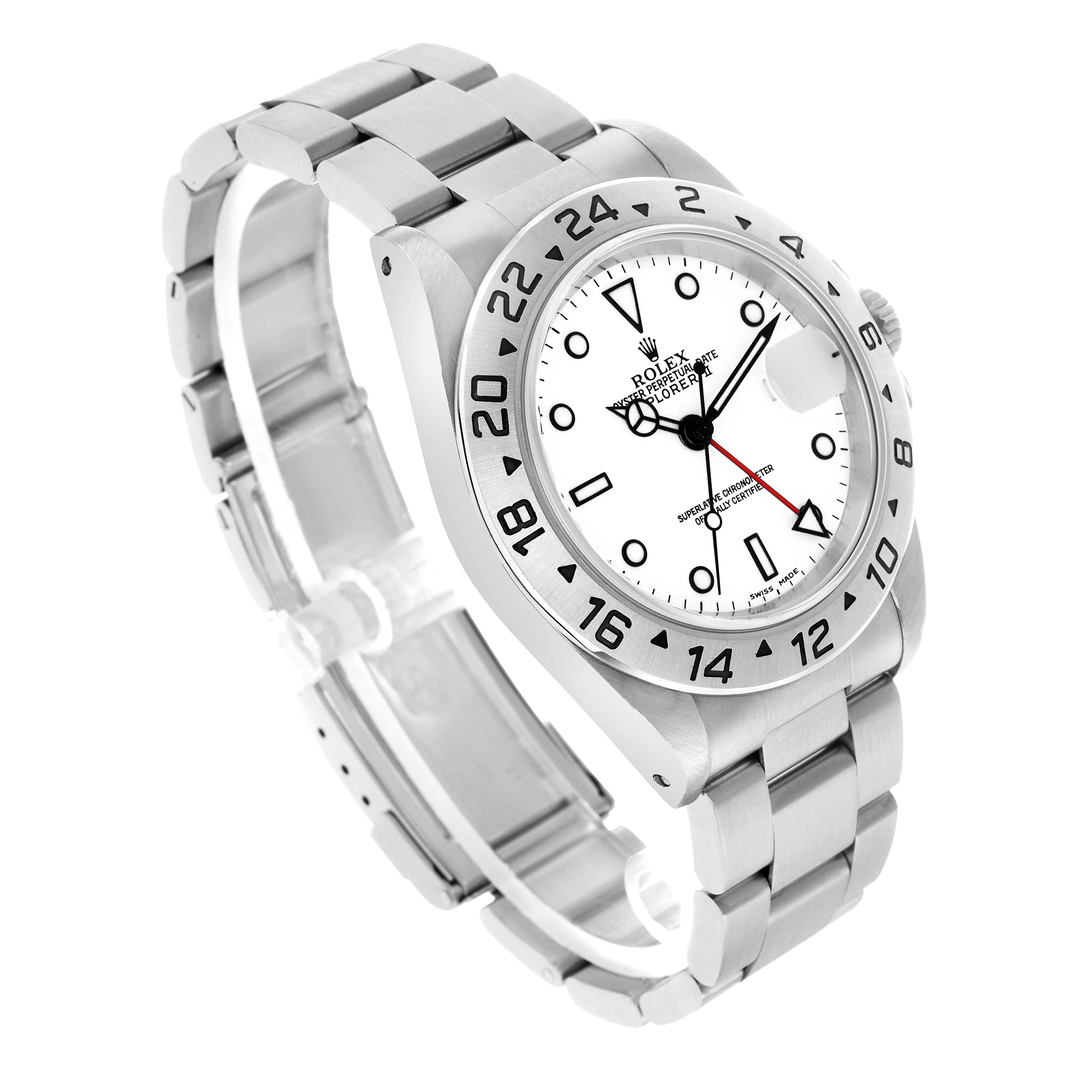 The Rolex Explorer 16570 Men's Stainless Steel White Dial watch is shown at a tilted angle displaying the face, bezel, and bracelet.
