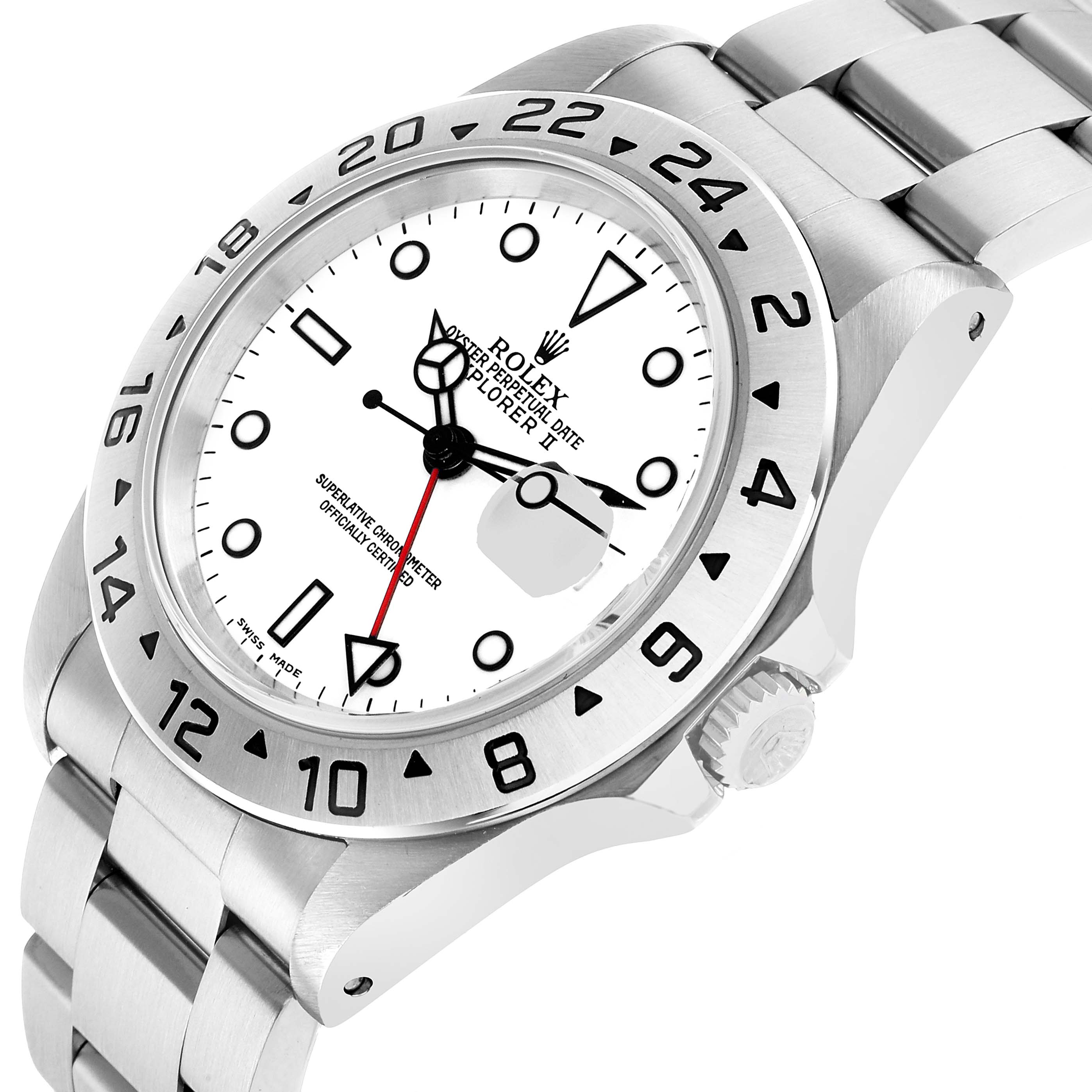 The Rolex Explorer 16570 Men's Stainless Steel White Dial watch is shown from an angled side view, highlighting the dial, bezel, crown, and part of the bracelet.