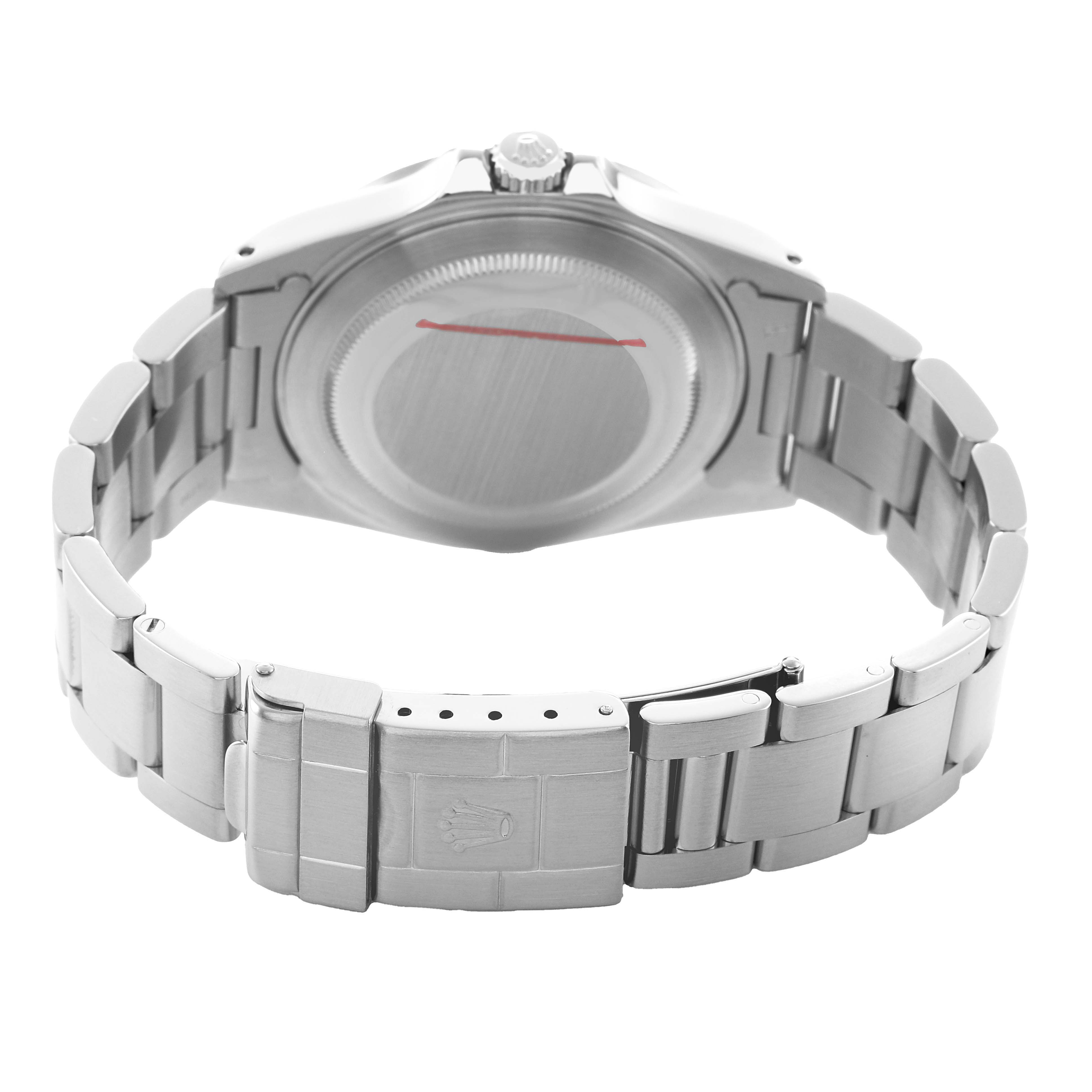 The image shows the back view of a Rolex Explorer 16570 Men's Stainless Steel White Dial watch, focusing on its clasp, bracelet, and case back.