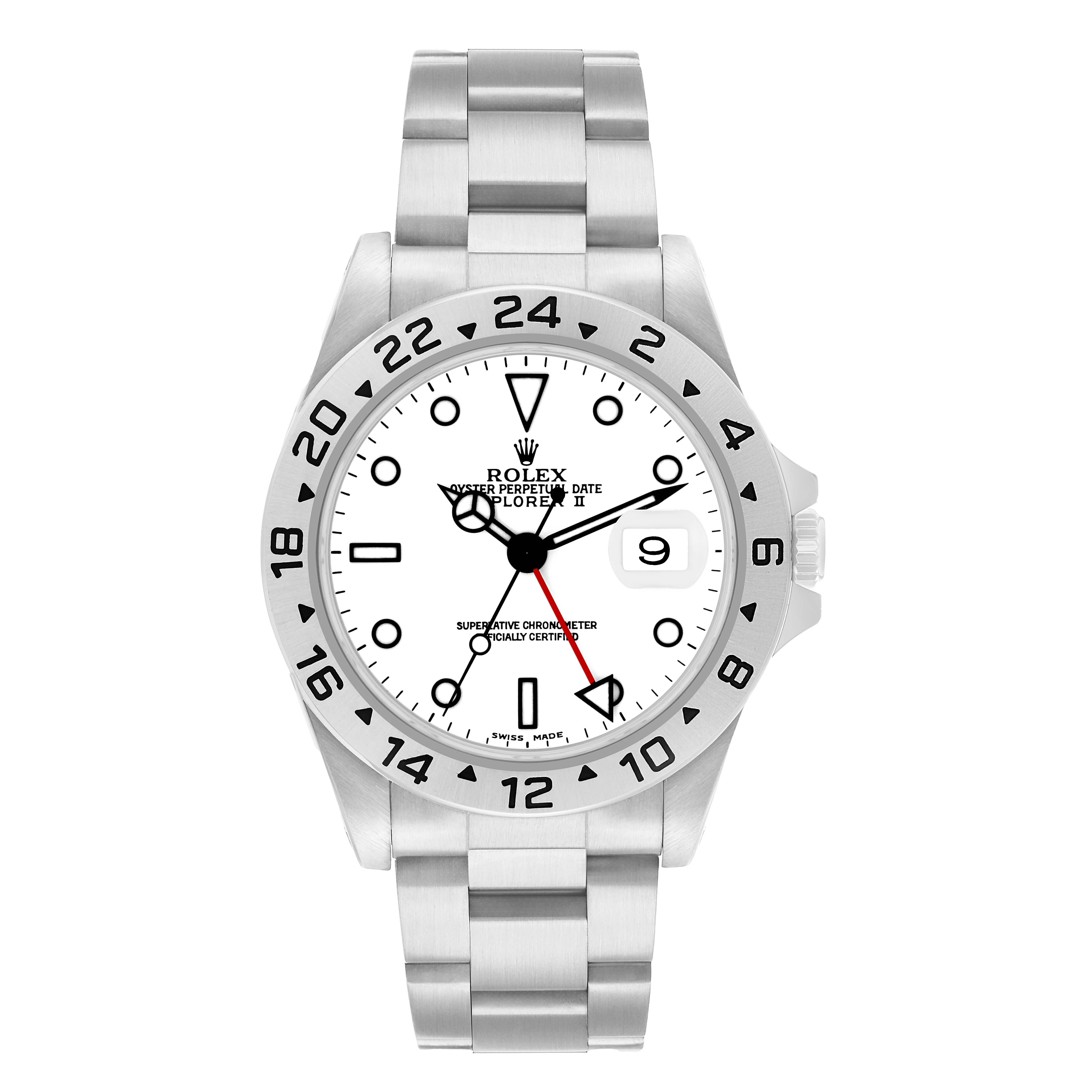 The Rolex Explorer 16570 Men's Stainless Steel White Dial watch is shown from the front, displaying its bezel, dial, hands, bracelet, and date window.