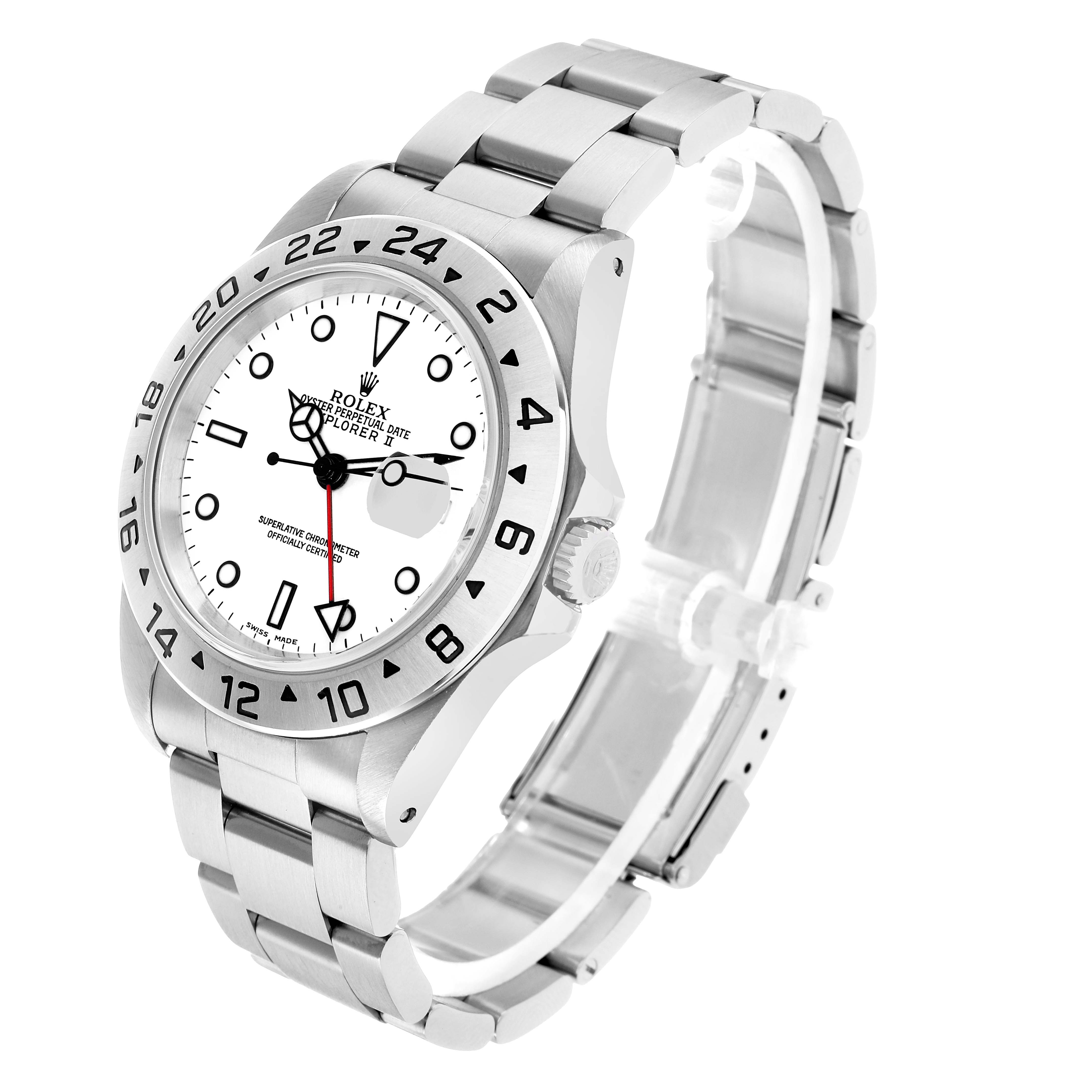 The Rolex Explorer 16570 Men's Stainless Steel White Dial model is shown at a three-quarter angle, displaying its face, bezel, crown, and bracelet.