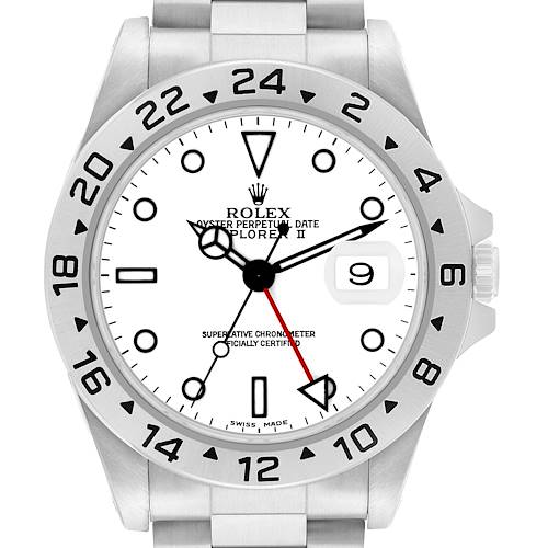 The Rolex Explorer 16570 Men's Stainless Steel White Dial model is shown from a front angle, featuring its white dial, black markings, and steel bracelet.