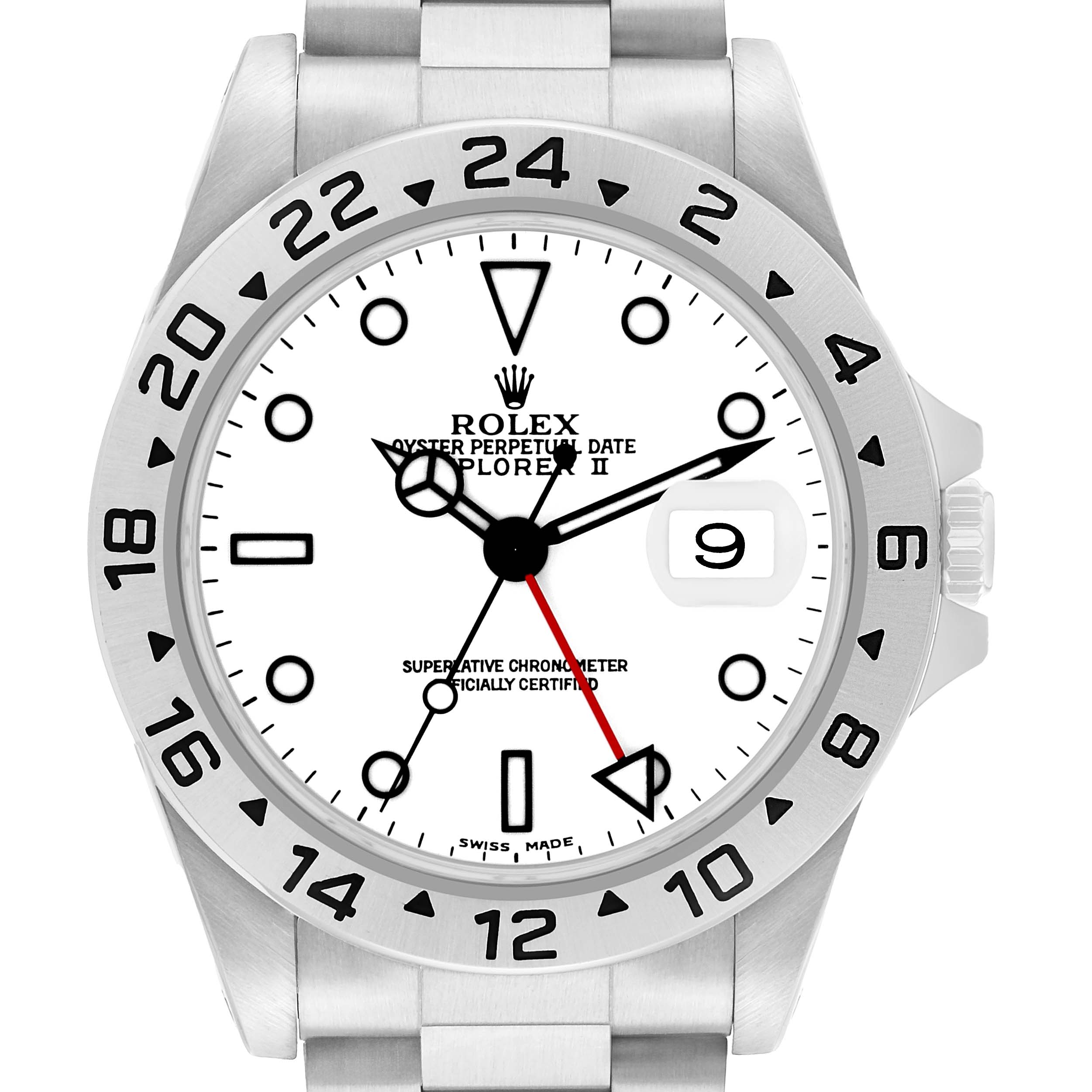 The Rolex Explorer 16570 Men's Stainless Steel White Dial II watch is shown from a frontal angle, highlighting the dial, bezel, and bracelet.