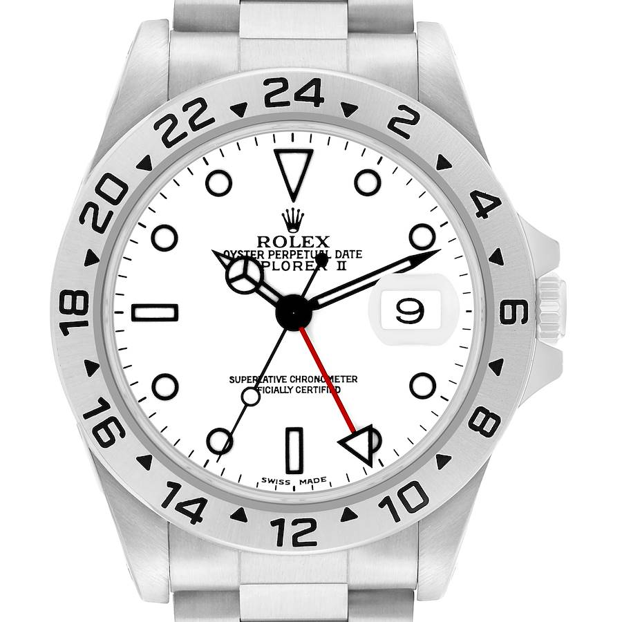 The Rolex Explorer 16570 Men's Stainless Steel White Dial II watch is shown from a frontal angle, highlighting the dial, bezel, and bracelet.