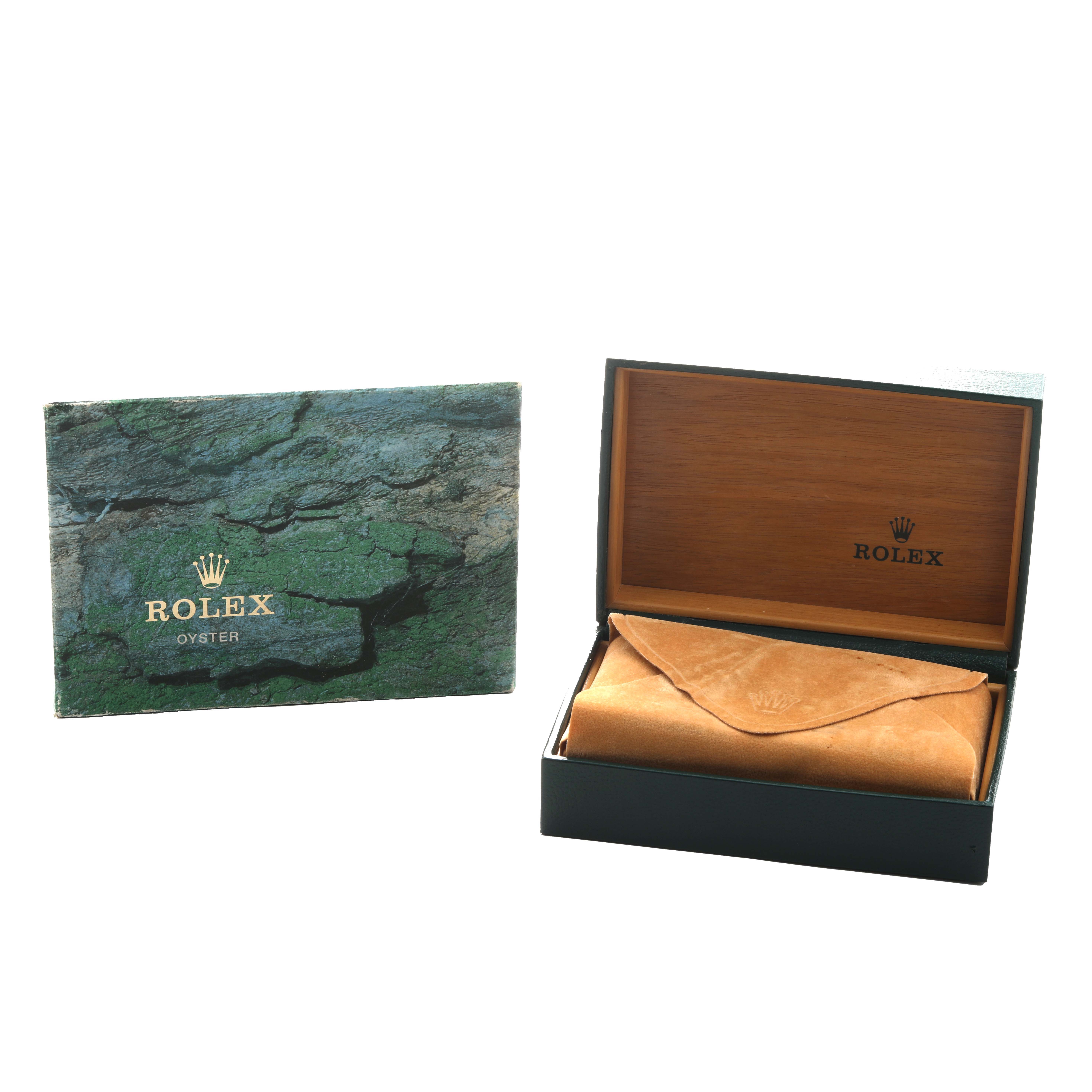 The image shows a Rolex Explorer 16570 Men's Stainless Steel White Dial watch box and booklet, with the box opened to reveal a leather pouch inside.