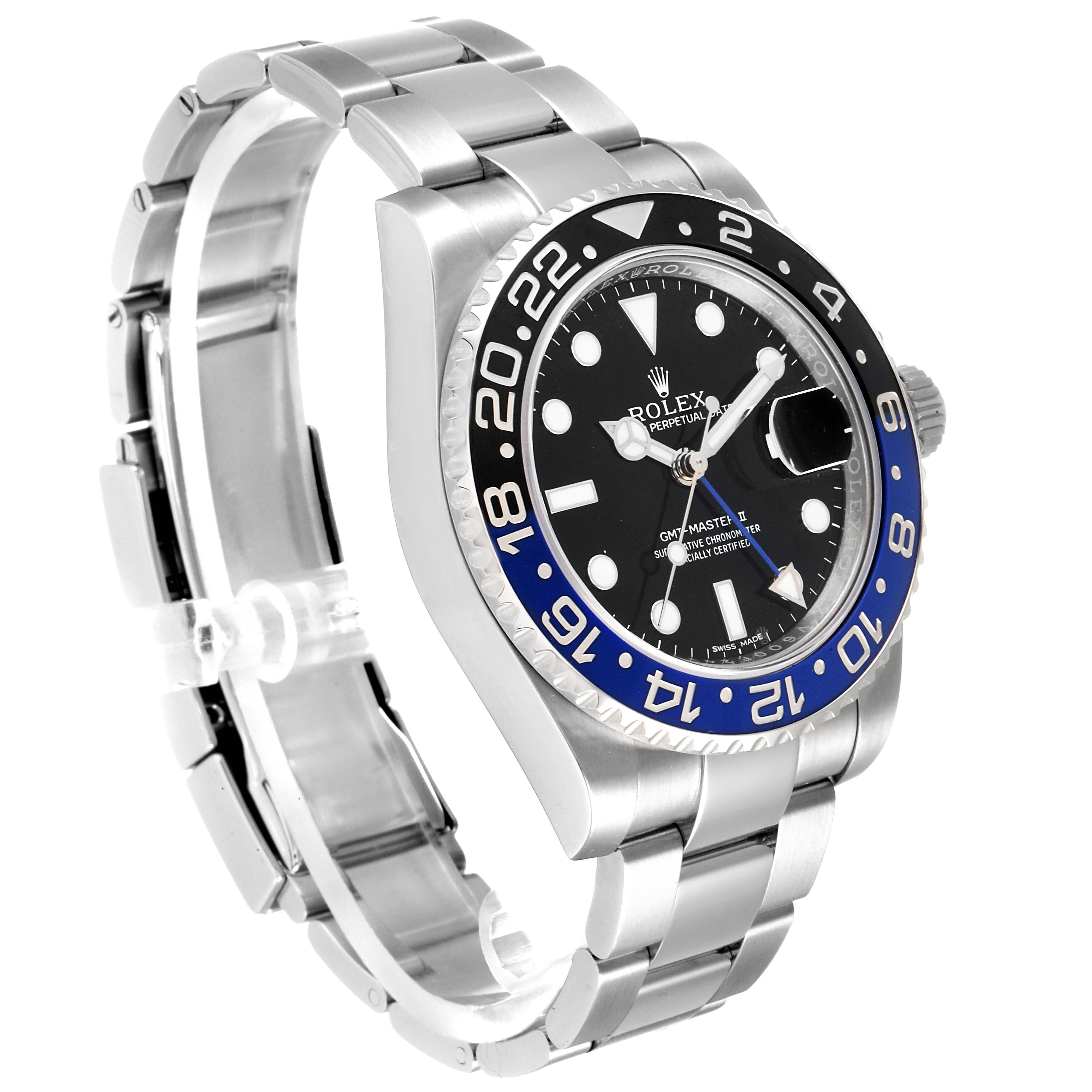 The image shows a side angle of a Rolex GMT-Master 116710 Men's Stainless Steel Black Dial 116710 Men's Stainless Steel Black Dial watch, highlighting the band, bezel, and dial.