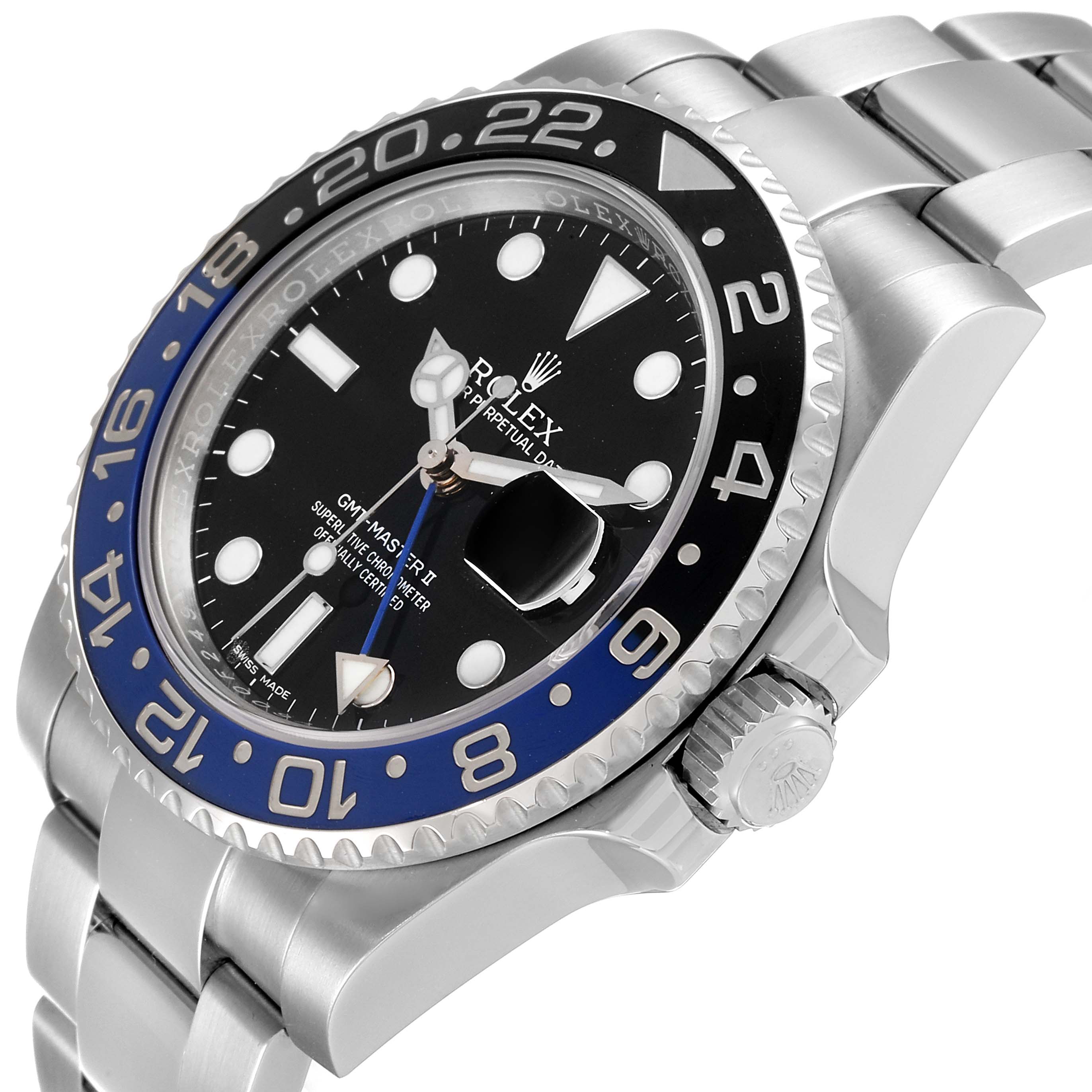This image shows a Rolex GMT-Master 116710 Men's Stainless Steel Black Dial 116710 Men's Stainless Steel Black Dial II watch at an angled side view, highlighting the bezel, face, and part of the bracelet.