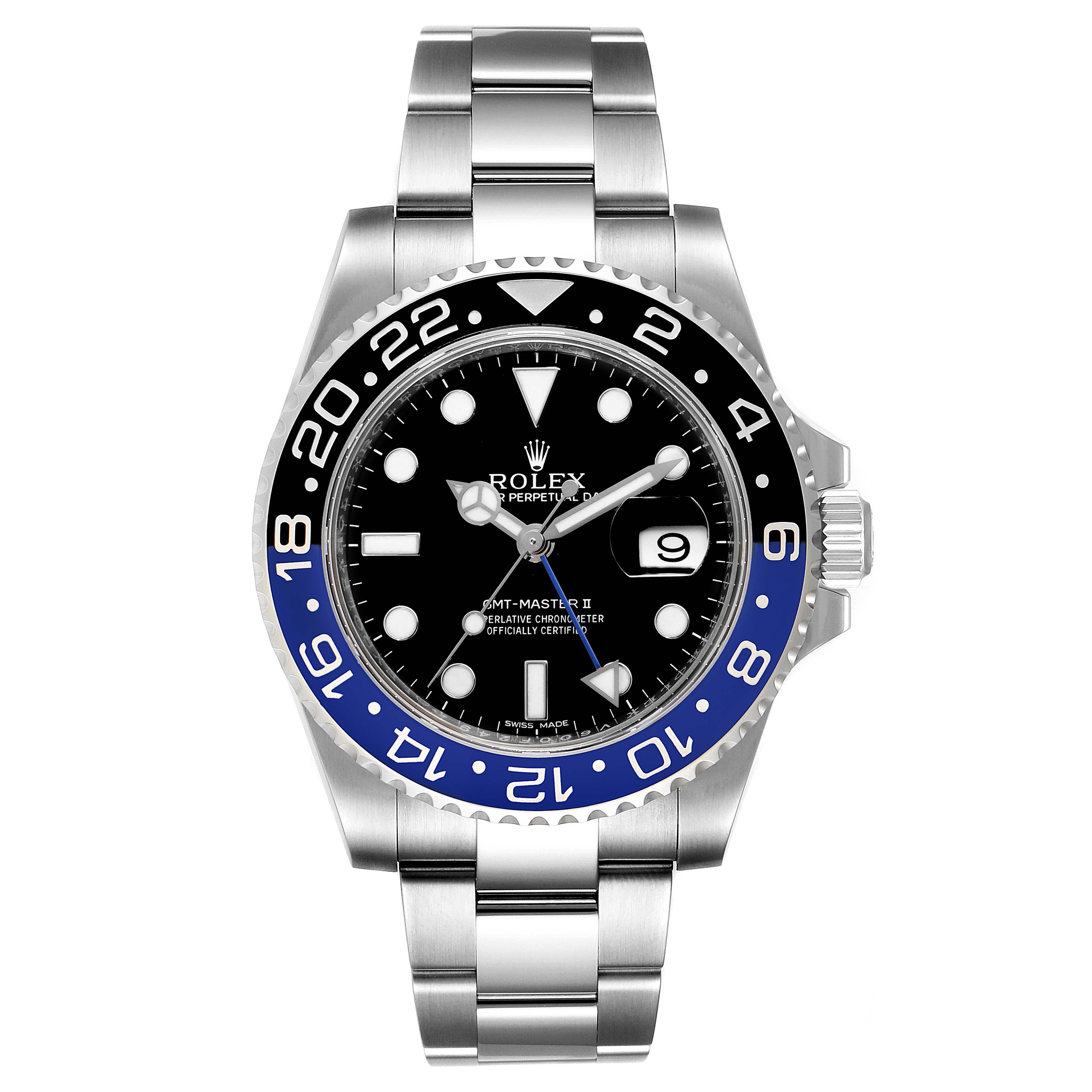 The image shows a front view of a Rolex GMT-Master 116710 Men's Stainless Steel Black Dial 116710 Men's Stainless Steel Black Dial watch featuring a black and blue bezel.