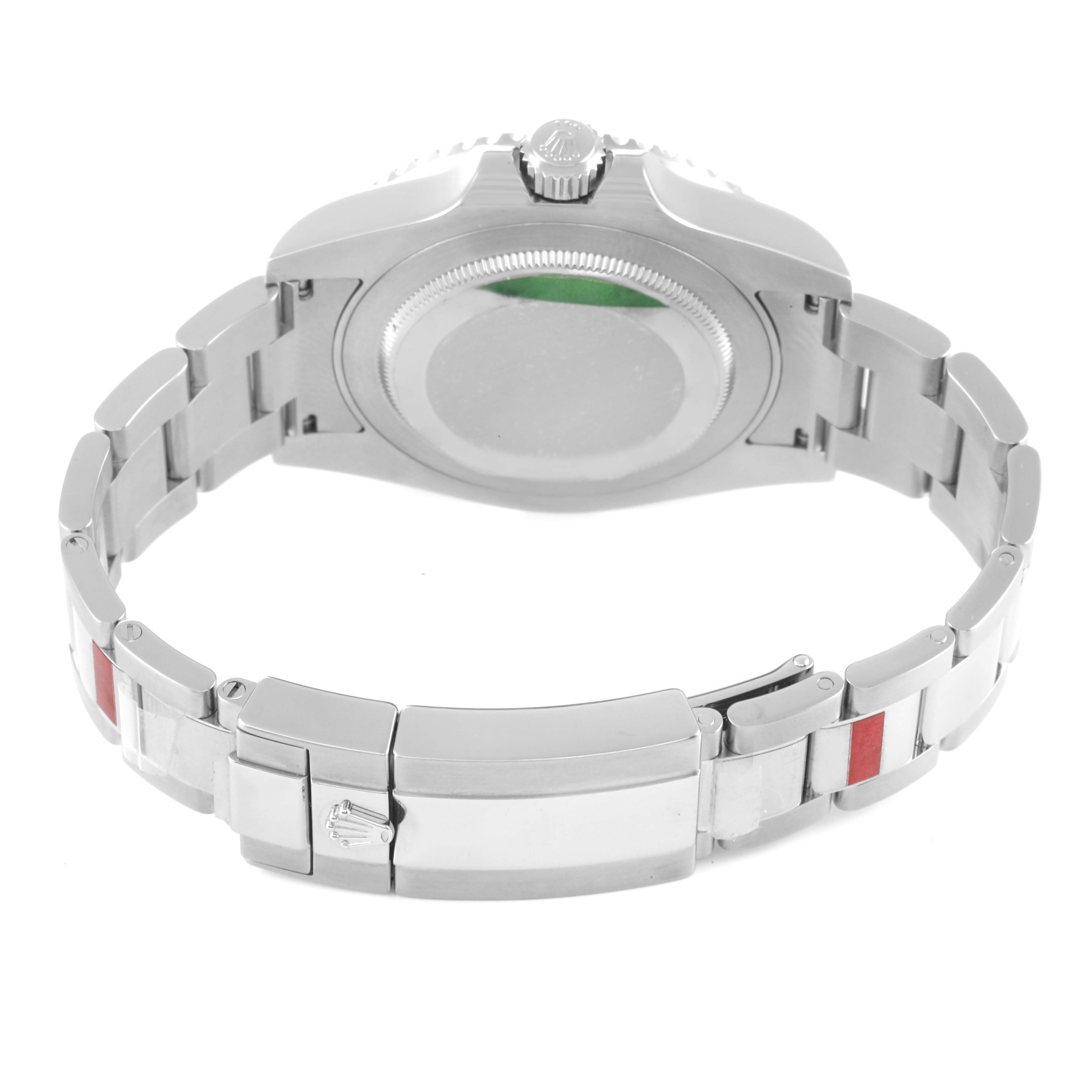 The image shows the back view of a Rolex GMT-Master 116710 Men's Stainless Steel Black Dial 116710 Men's Stainless Steel Black Dial watch, highlighting the case back, crown, and the bracelet clasp.