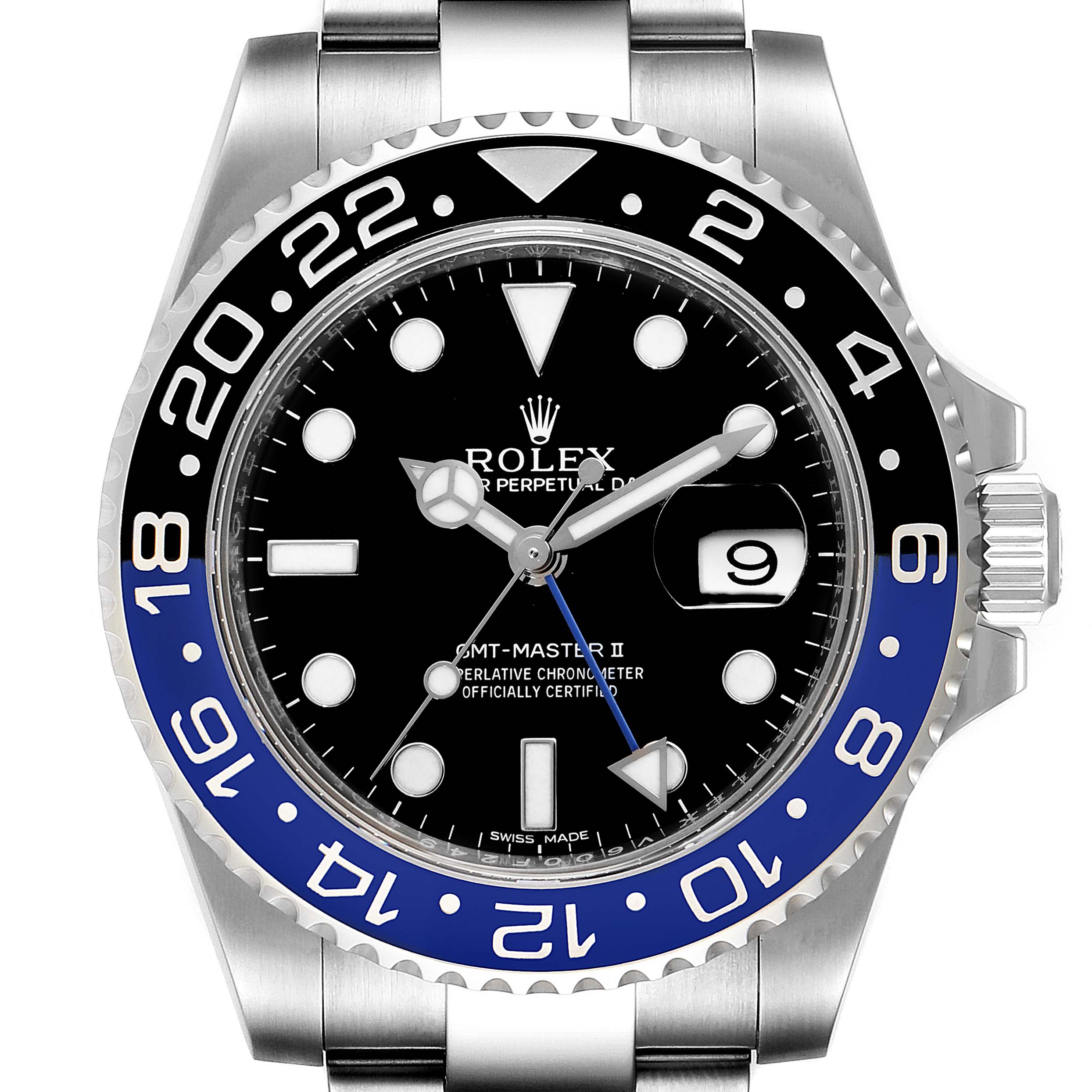 The image shows a front view of a Rolex GMT-Master 116710 Men's Stainless Steel Black Dial 116710 Men's Stainless Steel Black Dial II watch, highlighting the bezel, dial, hands, and bracelet.