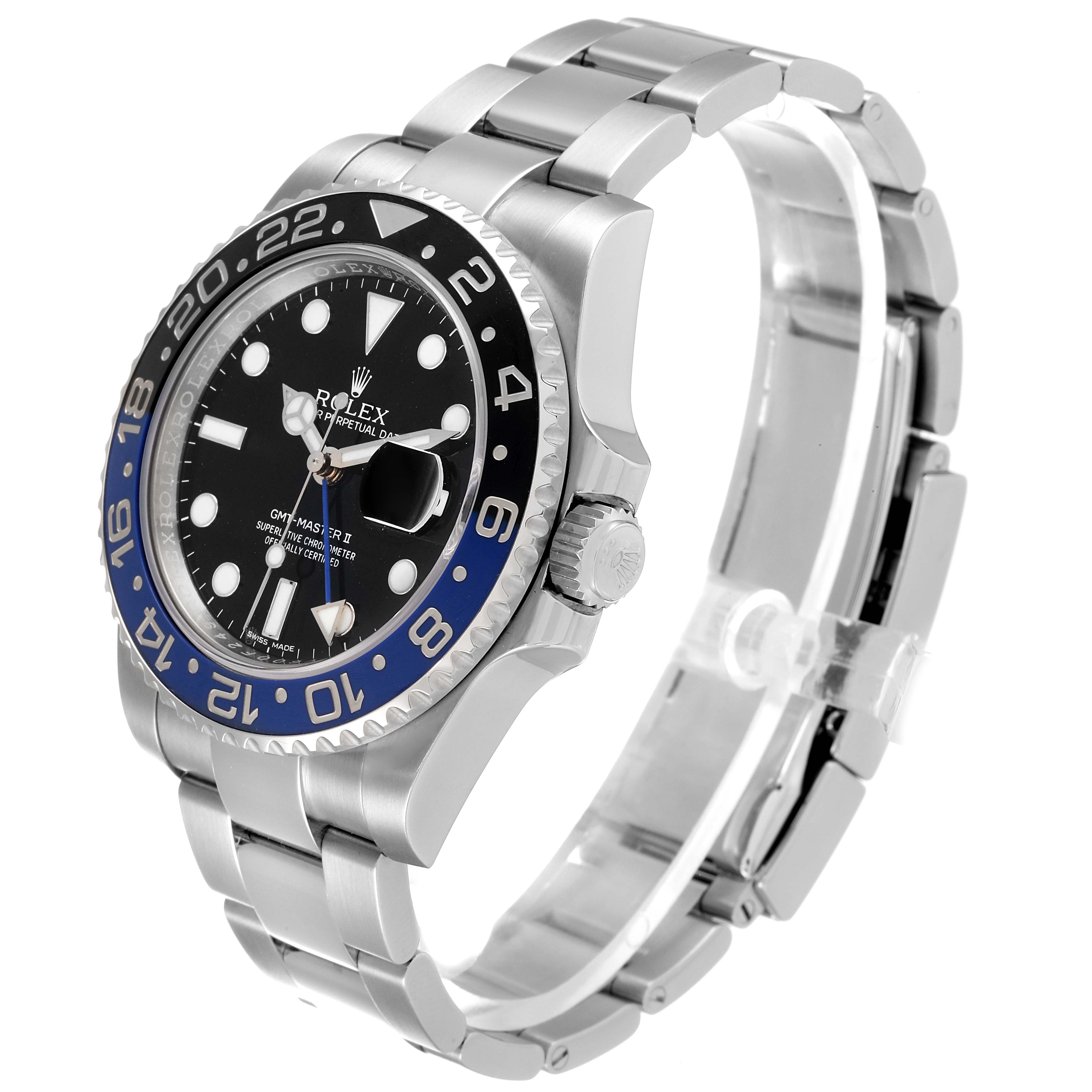 This image shows a side and angled view of the Rolex GMT-Master 116710 Men's Stainless Steel Black Dial 116710 Men's Stainless Steel Black Dial's face, bezel, and stainless steel bracelet.