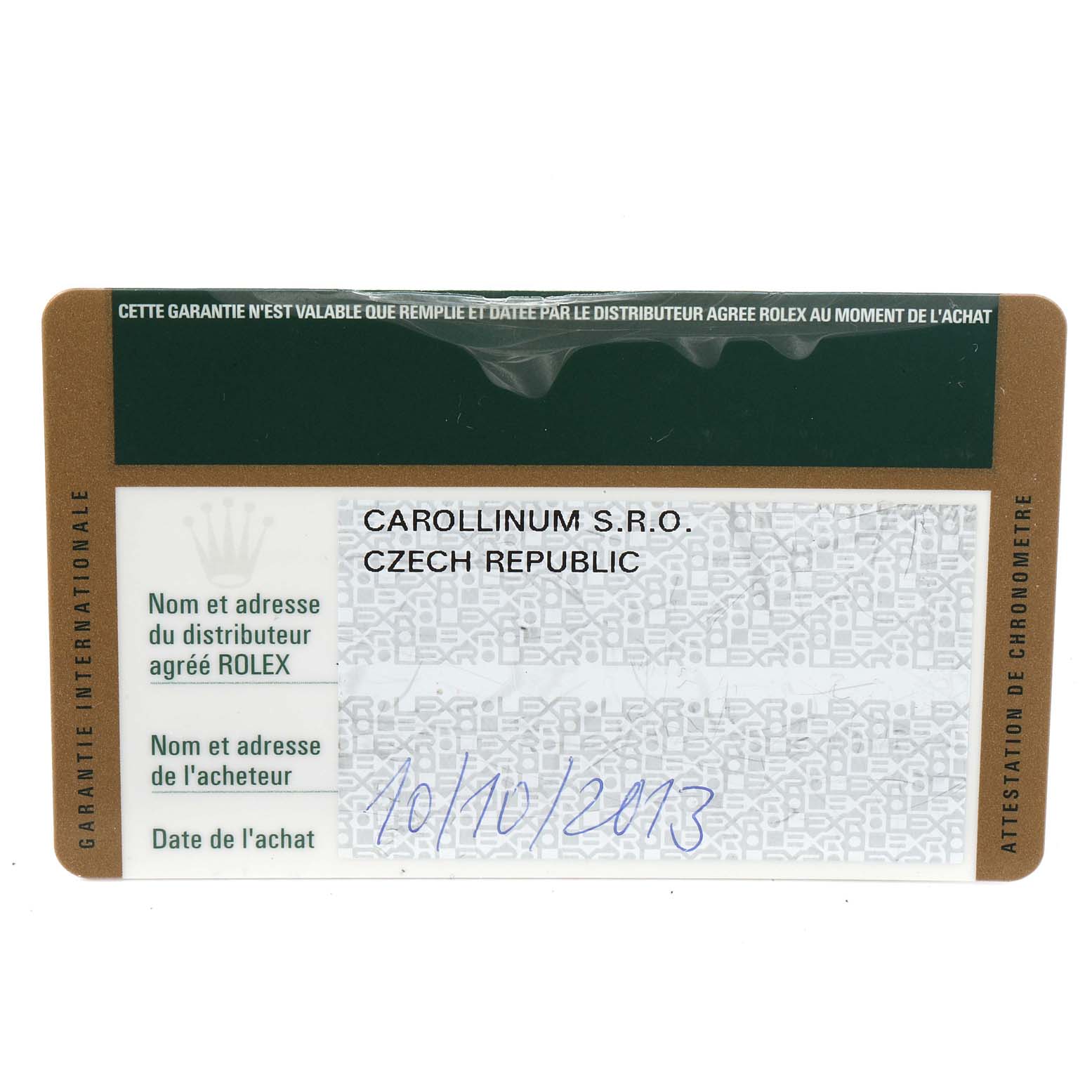 The image shows a warranty card for the Rolex GMT-Master 116710 Men's Stainless Steel Black Dial 116710 Men's Stainless Steel Black Dial, detailing the distributor information and purchase date.