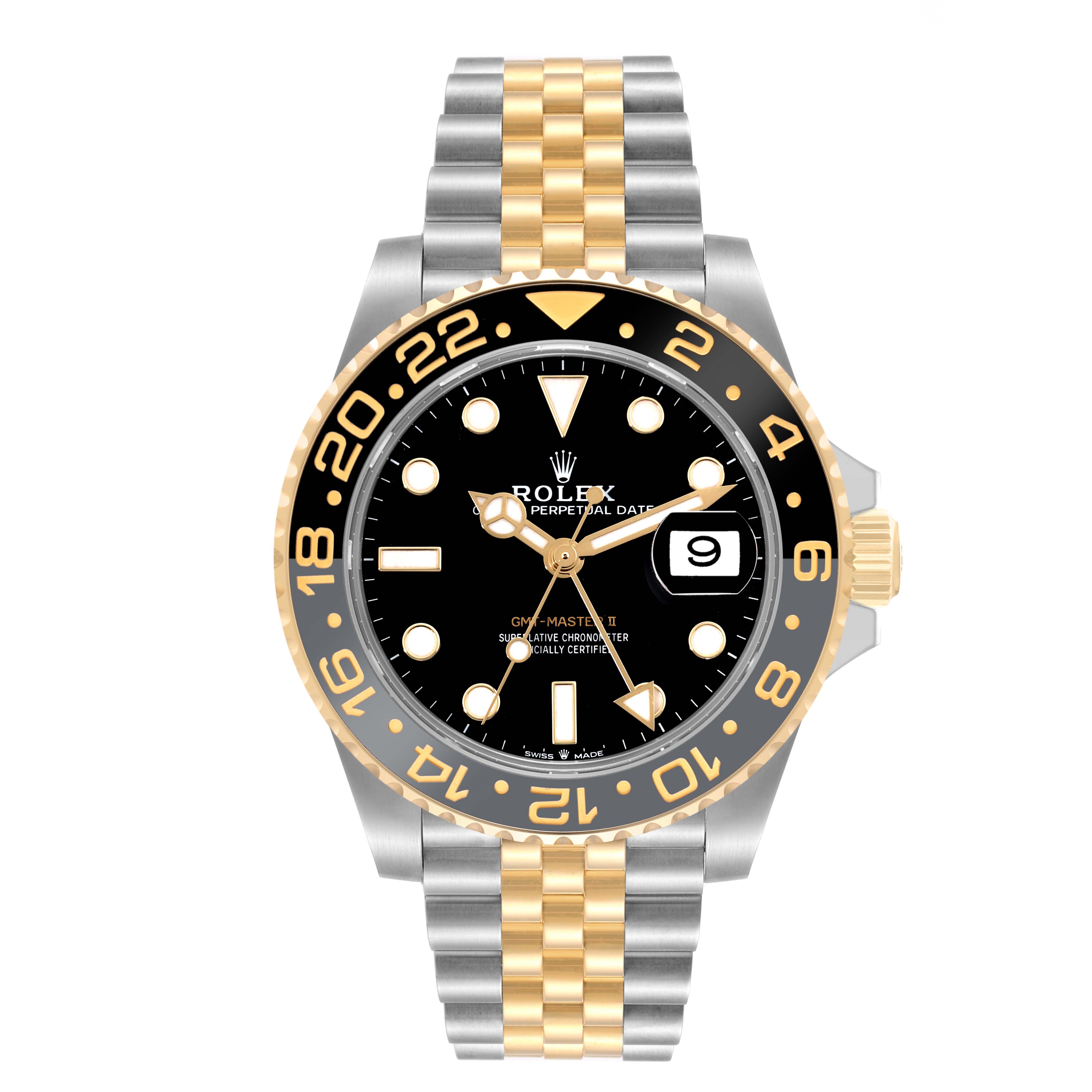 The image shows a front view of a Rolex GMT-Master 126713GRNR Men's Steel and Gold (two tone) Black Dial 126713GRNR Men's Steel and Gold (two tone) Black Dial II watch with a gold and silver Jubilee bracelet and black dial.