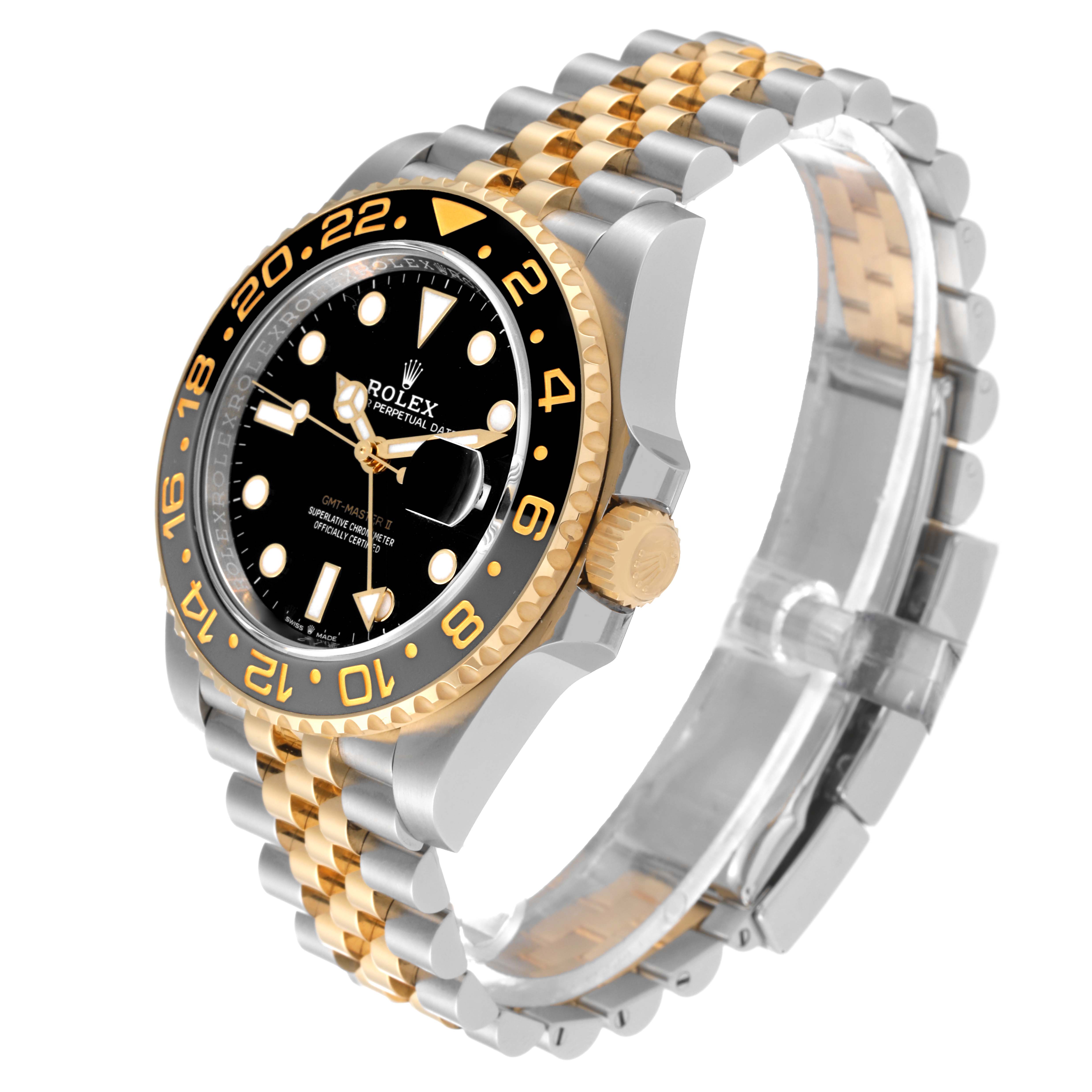 The Rolex GMT-Master 126713GRNR Men's Steel and Gold (two tone) Black Dial 126713GRNR Men's Steel and Gold (two tone) Black Dial watch is shown at a three-quarter angle, displaying the face, bezel, crown, and bracelet.
