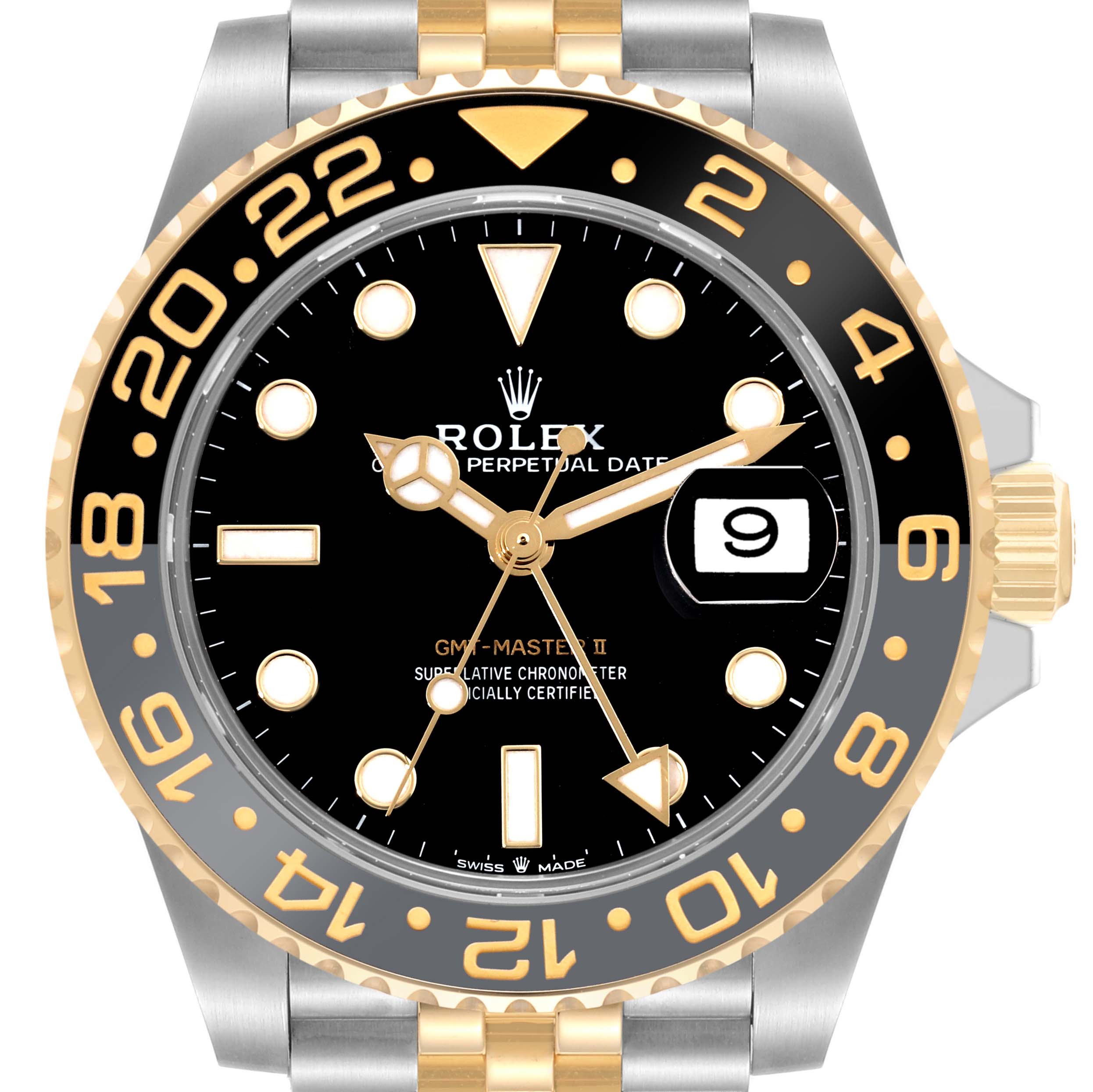 The image shows a front view of the Rolex GMT-Master 126713GRNR Men's Steel and Gold (two tone) Black Dial 126713GRNR Men's Steel and Gold (two tone) Black Dial II watch, highlighting the dial, bezel, and date window.